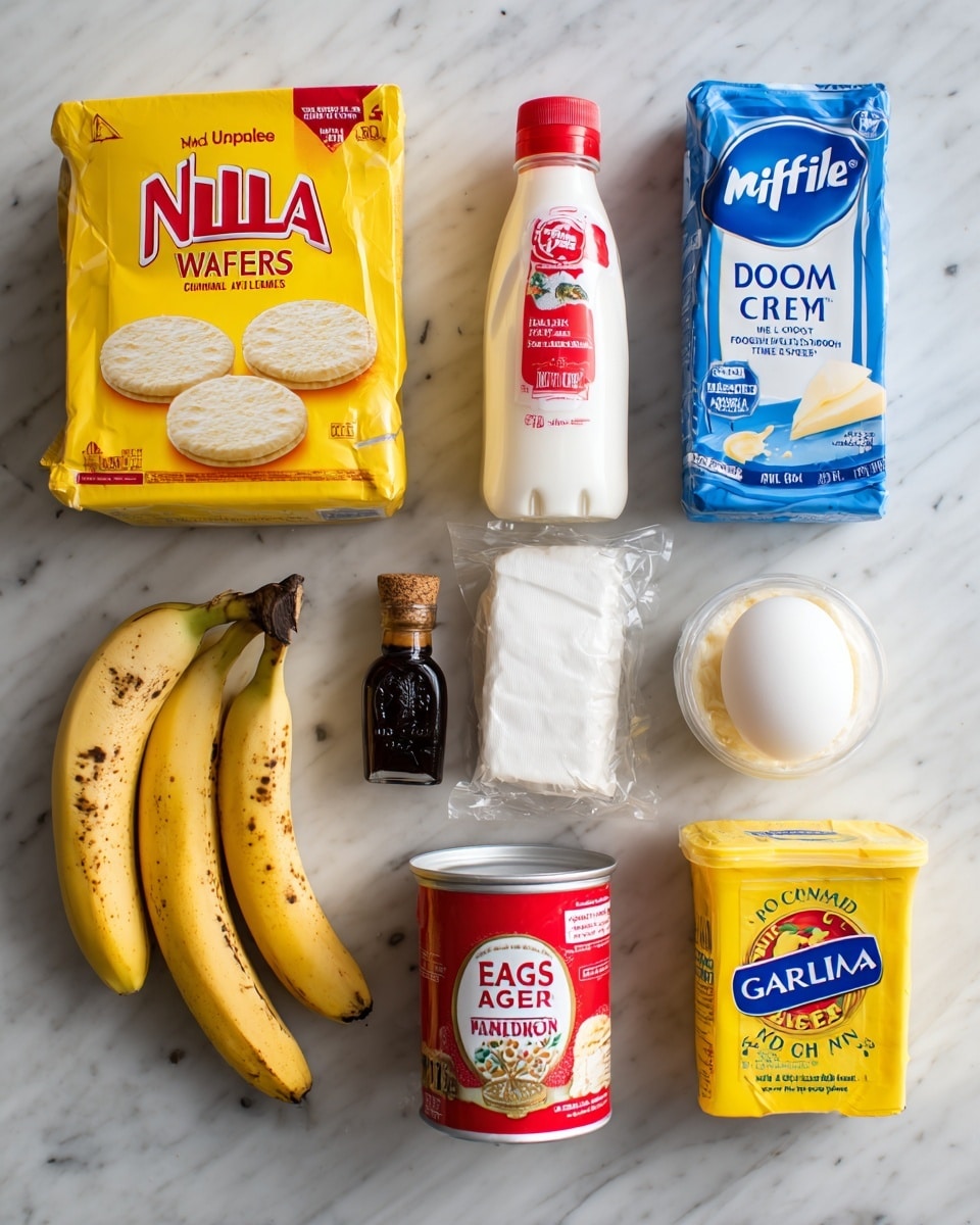 The image shows a flat lay of various baking ingredients on a white marbled surface. At the top left, there is a yellow box of Nilla wafers with round cookie images on it. Next to it in the center is a red and white bottle of whole ultra-filtered milk labeled fa:rlife. To the right, there is a blue and white carton of heavy cream and a white bag of Dom premium grade sugar. Below the Nilla box, there are two ripe bananas with some brown spots on their yellow skin. In the middle, there is a dark glass bottle of vanilla extract with a cork stopper, an egg, and a small white wrapped butter piece. Below these is a red and white can of Eagle Brand sweetened condensed milk. Beside it on the right is a yellow plastic container of Argo corn starch with blue and red text. Finally, at the bottom right is a white container of Galbani mascarpone cheese with a red and blue label. All items are placed neatly in a grid-like layout for a clear view. photo taken with an iphone --ar 4:5 --v 7