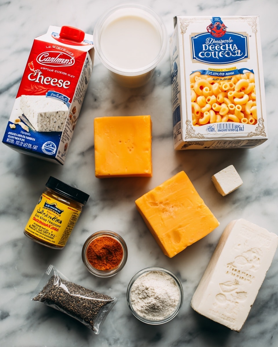The image shows various food items arranged on a white marbled surface. There is a white container of Breakstone's lowfat cottage cheese with a red and blue label near the top center. To the right of it, there are two blocks of cheddar cheese, one larger and darker orange and the other smaller and lighter. On the far right, a white box of De Cecco elbow macaroni pasta with a blue and yellow design is placed. On the left, a tall red and white carton of whole ultra-filtered milk is visible. Near the center bottom, several spice containers are scattered, including a yellow tin of Colman's mustard, a small transparent container of cayenne pepper with a black lid, and a packet of nutmeg showing whole nutmegs. Also visible is a small white bouillon cube next to the mustard tin. The products are evenly spaced out and neatly placed. photo taken with an iphone --ar 4:5 --v 7