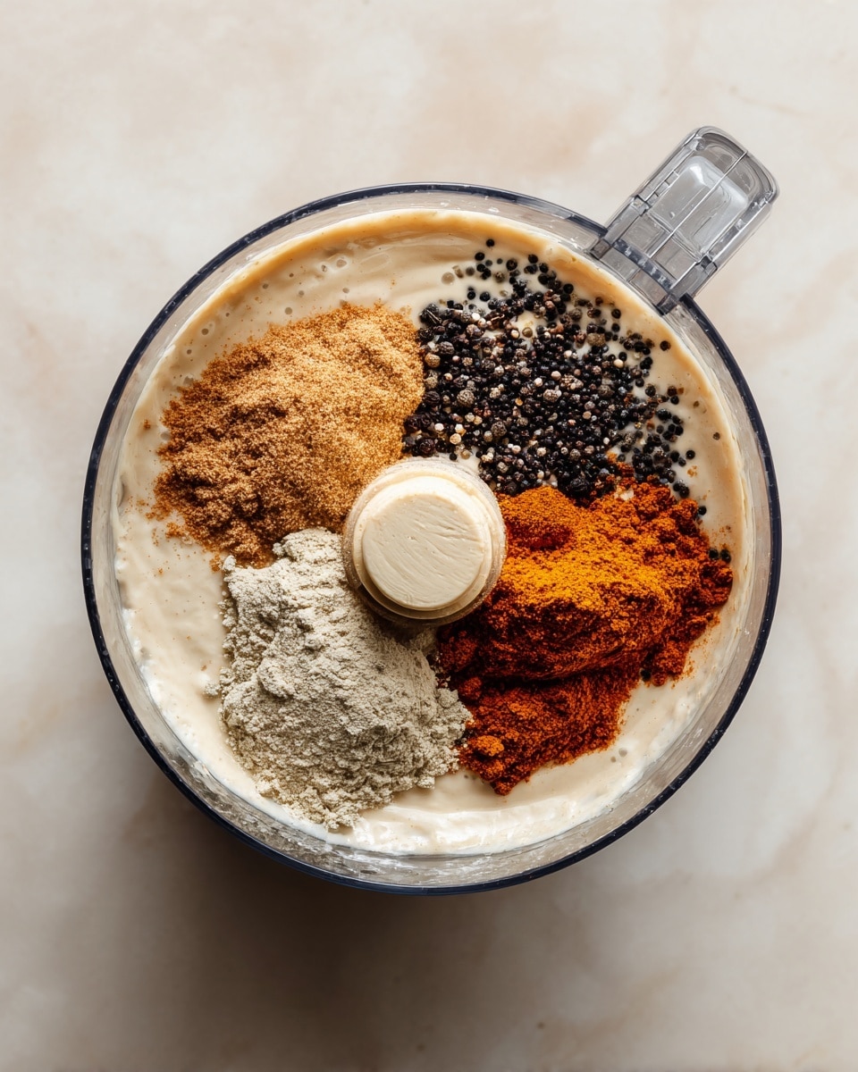 A clear food processor bowl with layers of ingredients inside. At the bottom, there is a white creamy base. On top of it, there are scattered black specks, light brown powder on one side, and a larger area of fine orange-brown powder on the other side. The bowl is placed on a white marbled textured surface. Photo taken with an iphone --ar 4:5 --v 7