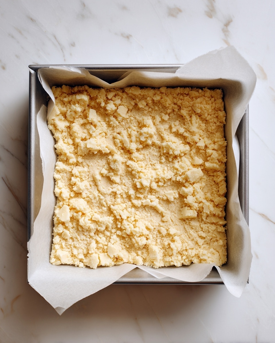 A square metal baking pan lined with white parchment paper on two opposite sides holds a single layer of pale yellow crumbly dough that looks slightly rough with small chunks of butter mixed in, evenly spread across the pan. The pan is placed on a white marbled surface. photo taken with an iphone --ar 4:5 --v 7