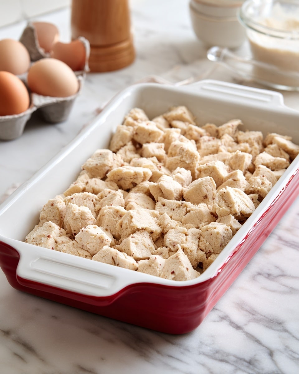 A white rectangular ceramic baking dish with red handles is filled with one layer of small, uneven chunks of light beige dough with bits of darker specks mixed in. The dough pieces have a soft, slightly cracked texture, and are spread evenly across the dish. The scene is on a white marbled surface with out-of-focus kitchen items in the background. photo taken with an iphone --ar 4:5 --v 7