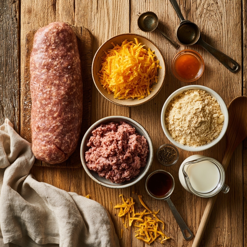 In a clear glass bowl placed on a white marbled surface, the first layer shows shredded yellow cheese and light beige flour scattered over a base of raw ground meat, with some black pepper sprinkled on top. The second layer reveals the ingredients partially mixed, with the yellow cheese and light flour visible within the uneven textured ground meat. The third layer shows a more blended mixture of ground meat, cheese, and flour with a moist, chunky texture, stirred with a black-handled mixer. The fourth part shows a woman's hand holding a small round ball of the meat mixture, with the glass bowl and more of the mixture in the background, along with a metal scooper in the bowl. photo taken with an iphone --ar 4:5 --v 7