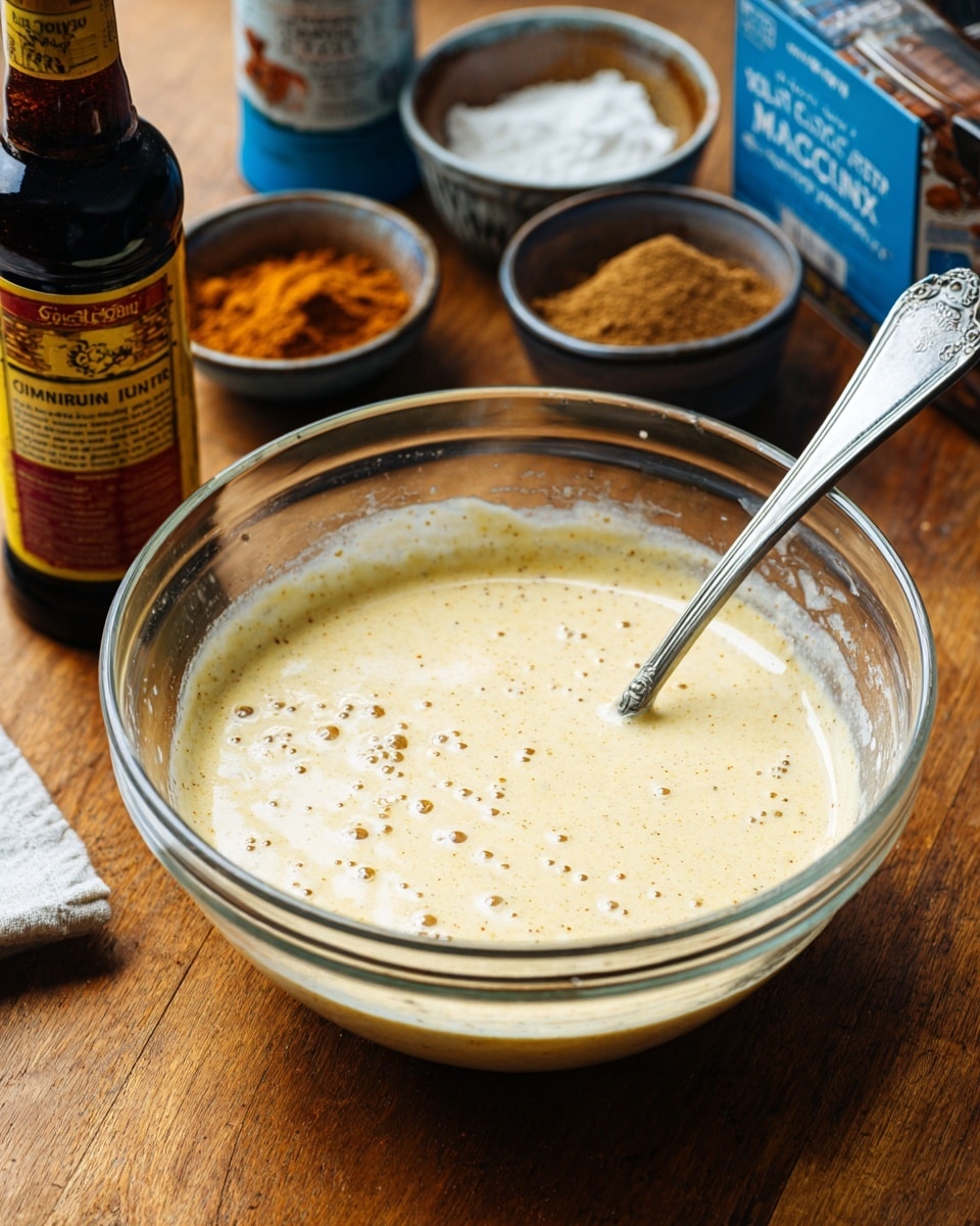 A clear glass bowl filled with a pale yellow batter that has small bubbles on its smooth surface, with a silver spoon resting inside the bowl on the right side, placed on a wooden surface. Behind the bowl, there are containers of spices including ground Saigon cinnamon and nutmeg, along with a bottle of vanilla extract and a box of baking mix. The overall scene looks ready for baking preparation. Photo taken with an iphone --ar 4:5 --v 7