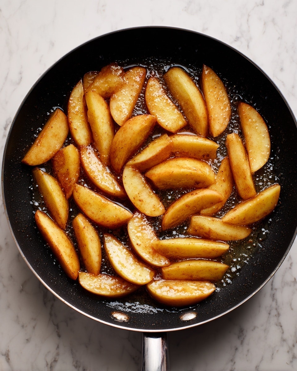 The image shows a black frying pan filled with many slices of cooked apples that are light golden brown with darker cinnamon spots. The apple slices are uneven in size and shape, some longer and some shorter, scattered evenly across the pan. The pan has a shiny surface with small bubbles of cooking liquid around the apples, giving a glossy look. The background underneath is a white marbled texture. photo taken with an iphone --ar 4:5 --v 7