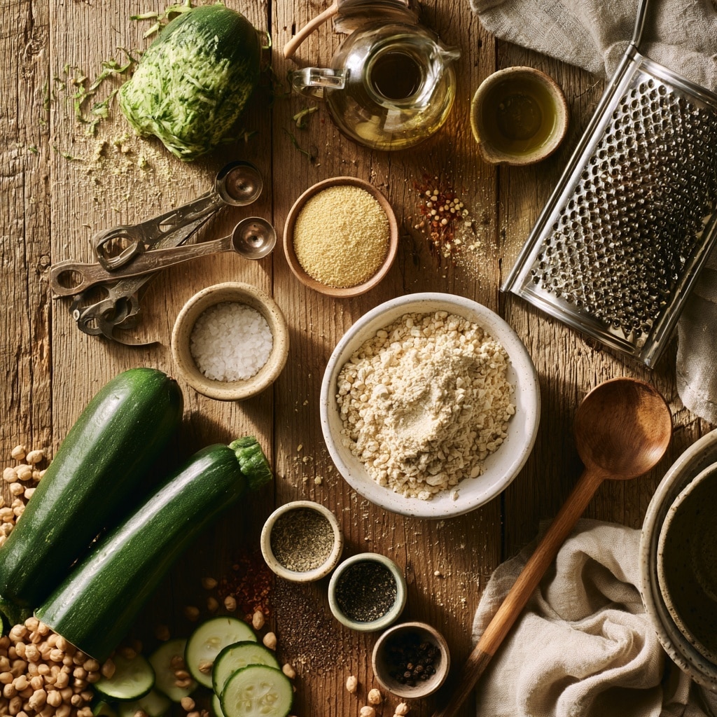 The image shows four steps of making a zucchini fritter mixture. In the first step (top left), a silver bowl holds green and white shredded zucchini with some moisture visible. The second step (top right) shows the same bowl with shredded zucchini and added beige flour on the side. In the third step (bottom left), the mixture is well combined, forming a thick, speckled light green and beige batter inside the bowl. The fourth step (bottom right) features four uneven, round fritter shapes cooking in a dark pan with a slightly shiny surface. The fritters look speckled green and beige. The background is a white marbled surface. Photo taken with an iphone --ar 4:5 --v 7
