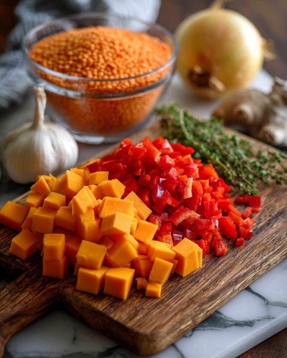 The image shows a wooden cutting board with three layers of chopped ingredients: bright orange cubed butternut squash in the bottom layer, a middle layer of finely chopped red bell pepper, and a top layer with quartered pieces of a red bell pepper. In the background, a large clear glass bowl contains a metal measuring cup filled with orange lentils, placed near a whole yellow onion and a white garlic bulb. Some fresh green herbs lay on the right side of the board, all on a dark wooden tabletop with a white marbled surface beneath. photo taken with an iphone --ar 4:5 --v 7