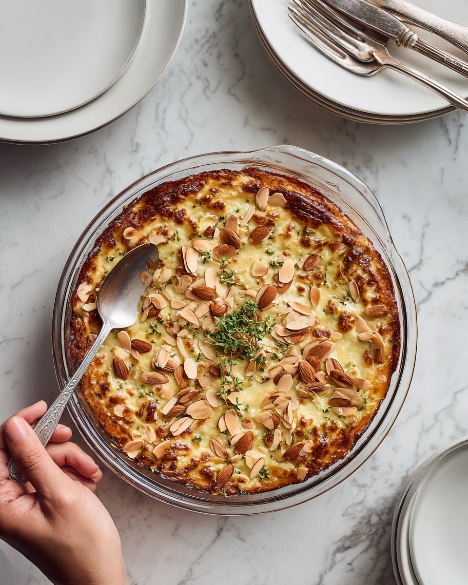 A slice of baked casserole sits on a white plate, showing three visible layers: a lightly golden top covered with melted cheese and scattered sliced almonds, a creamy pale yellow middle with chunks of orange vegetable pieces, and a slightly denser bottom layer. The slice is garnished with two small green sprigs of thyme sitting across the top. A silver fork rests beside the slice on the plate. In the background, the larger round glass dish holds the rest of the casserole, with a wedge missing revealing the same layers inside, sprinkled with more sliced almonds and cheese. A clear glass of dark red wine stands nearby, all set on a dark wooden surface with a cream-colored knitted cloth underneath the baking dish, and small thyme sprigs lie scattered beside it. photo taken with an iphone --ar 4:5 --v 7