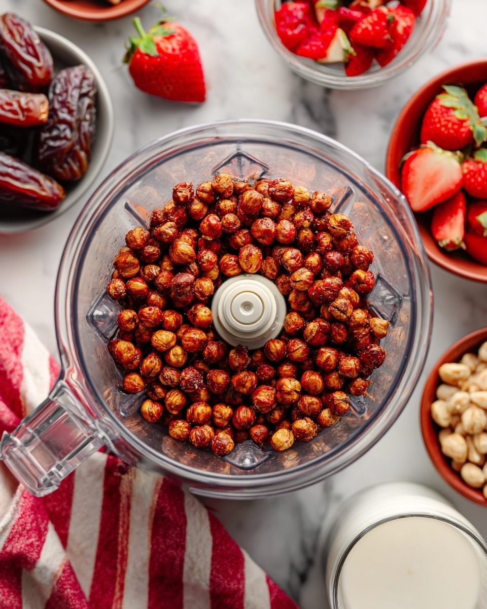 The image shows a clear blender bowl filled with a single layer of roasted hazelnuts with some skins still on, spread evenly on the bottom around the central blade. The bowl sits on a white marbled surface, with small bowls of strawberries, dates, and a glass of milk partially visible around it. A red and white striped cloth is partially visible behind the blender bowl. Photo taken with an iphone --ar 4:5 --v 7