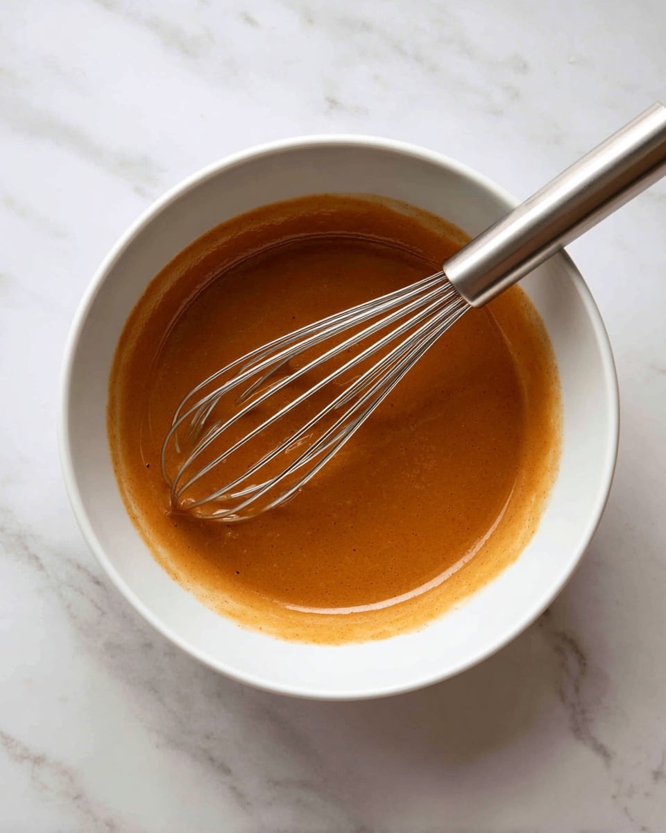 A white metal bowl filled with a brownish-orange thick liquid mixture that looks smooth and creamy. Inside the bowl, a silver whisk rests with its handle on the edge, the whisk part partially covered with the mixture. The bowl is placed on a white marbled surface with faint gray veins, giving a clean and bright background. photo taken with an iphone --ar 4:5 --v 7