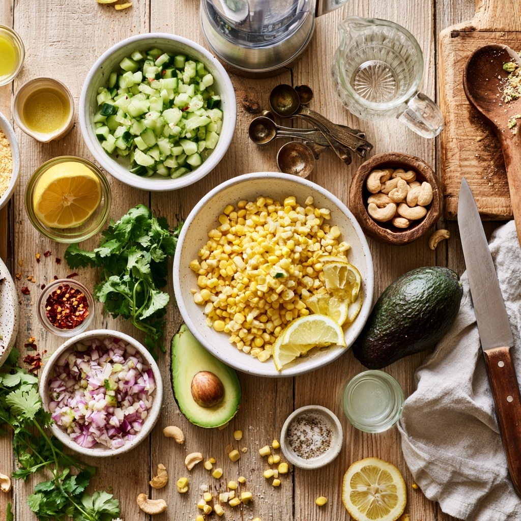 The image shows a step-by-step process of making a creamy salad with four square photos arranged in a 2x2 grid. The first photo has a blender with a small pile of cashews soaking in clear water, showing a yellowish color at the bottom inside a transparent container on a white marbled surface. The second photo shows the blender now filled with a smooth, creamy, light beige mixture with some small bubbles close to the container edges. The third photo features a silver bowl with cut green cucumbers, chopped green herbs, bright yellow corn, diced red onion, and some brown spice powder on top, all fresh and colorful. The last photo is the same bowl where the creamy beige sauce from the blender is poured over the salad ingredients, slightly covering parts of the corn, onion, cucumber, and herbs. photo taken with an iphone --ar 4:5 --v 7
