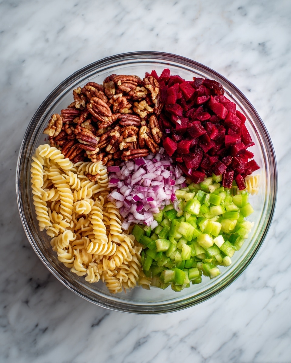 A clear glass bowl holds five layers of ingredients placed side by side without mixing. Starting from the upper left is a section of dark brown pecans with a rough texture, next to it on the upper right is a pile of bright red chopped beets with a smooth, moist surface. Below the beets on the right side is a cluster of light green cucumber pieces with a fresh, crisp texture. To the left of the cucumber, below the pecans, is a small mound of finely chopped purple-red onions. Finally, on the bottom left of the bowl are tightly coiled pale yellow fusilli pasta spirals with a firm texture. The bowl is set on a white marbled surface. photo taken with an iphone --ar 4:5 --v 7