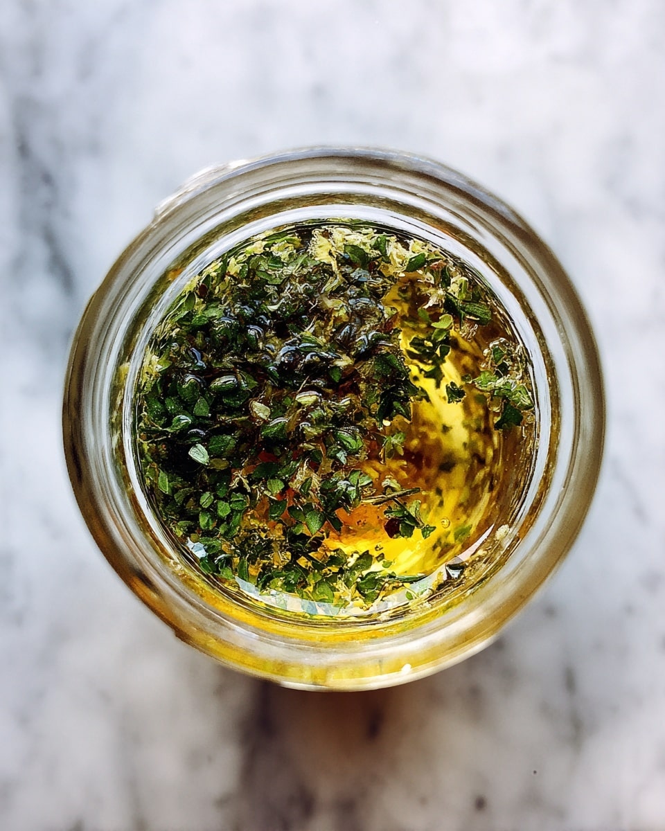 Top view of a small clear glass container filled with a mix of liquid and herbs. The liquid has a yellowish base layer, partly covered by a floating layer of finely chopped green herbs that make the top look textured and uneven. The background is a white marbled texture. Photo taken with an iphone --ar 4:5 --v 7