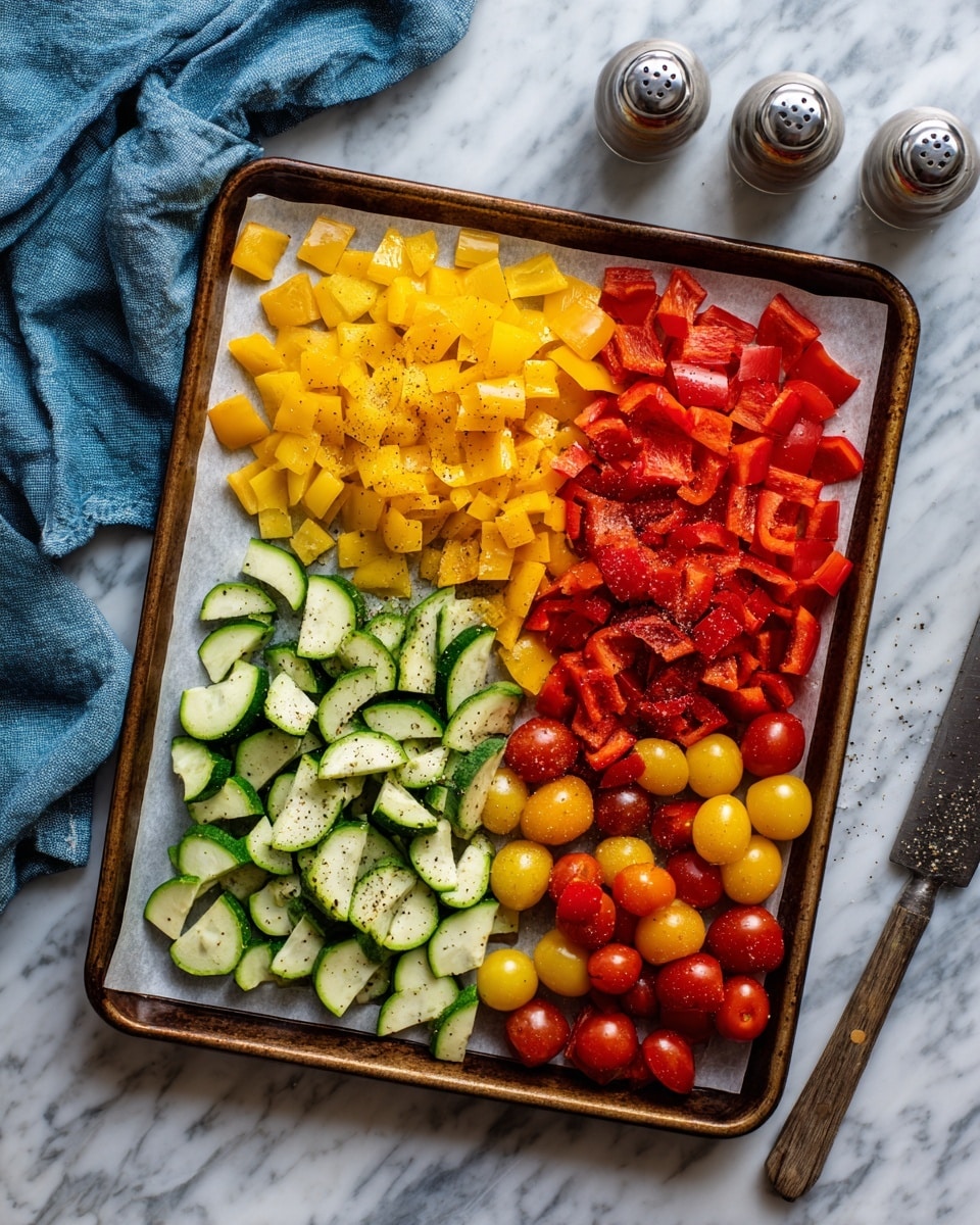 The image shows a baking tray lined with white paper, filled with four types of chopped vegetables placed in separate sections. At the top left, there are diced yellow bell peppers, bright and neatly arranged. Next to them on the right, there are chopped red bell peppers with a rich red color. Below these, there are semi-circular pieces of green zucchini spread in rows. At the bottom right, there are small red and yellow cherry tomatoes, some whole and some slightly oval-shaped. The vegetables are sprinkled with black pepper. To the right of the tray, there is a salt and pepper set and a blue cloth on a white marbled surface. The photo taken with an iphone --ar 4:5 --v 7