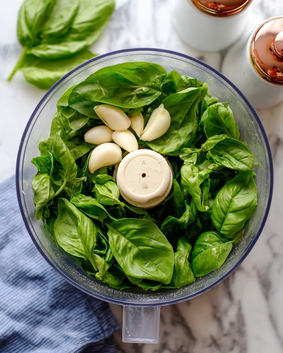 A clear food processor bowl filled with fresh bright green basil leaves taking up most of the space, with three peeled white garlic cloves placed on top near the center, and a small beige grinding blade in the middle, all set on a white marbled surface with parts of a blue cloth and white containers with copper lids visible in the upper right corner, photo taken with an iphone --ar 4:5 --v 7