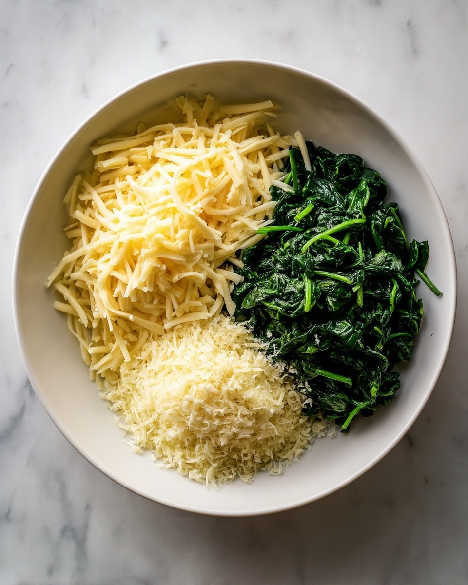 A white bowl sits on a white marbled surface, holding three separate piles of food. One pile is shredded pale yellow cheese with a soft, stringy texture. Next to it is a mound of finely grated, slightly lighter yellow cheese, almost powdery. The third section holds a dark green, moist and leafy spinach, gathered neatly. The ingredients are side by side but not mixed. Photo taken with an iphone --ar 4:5 --v 7