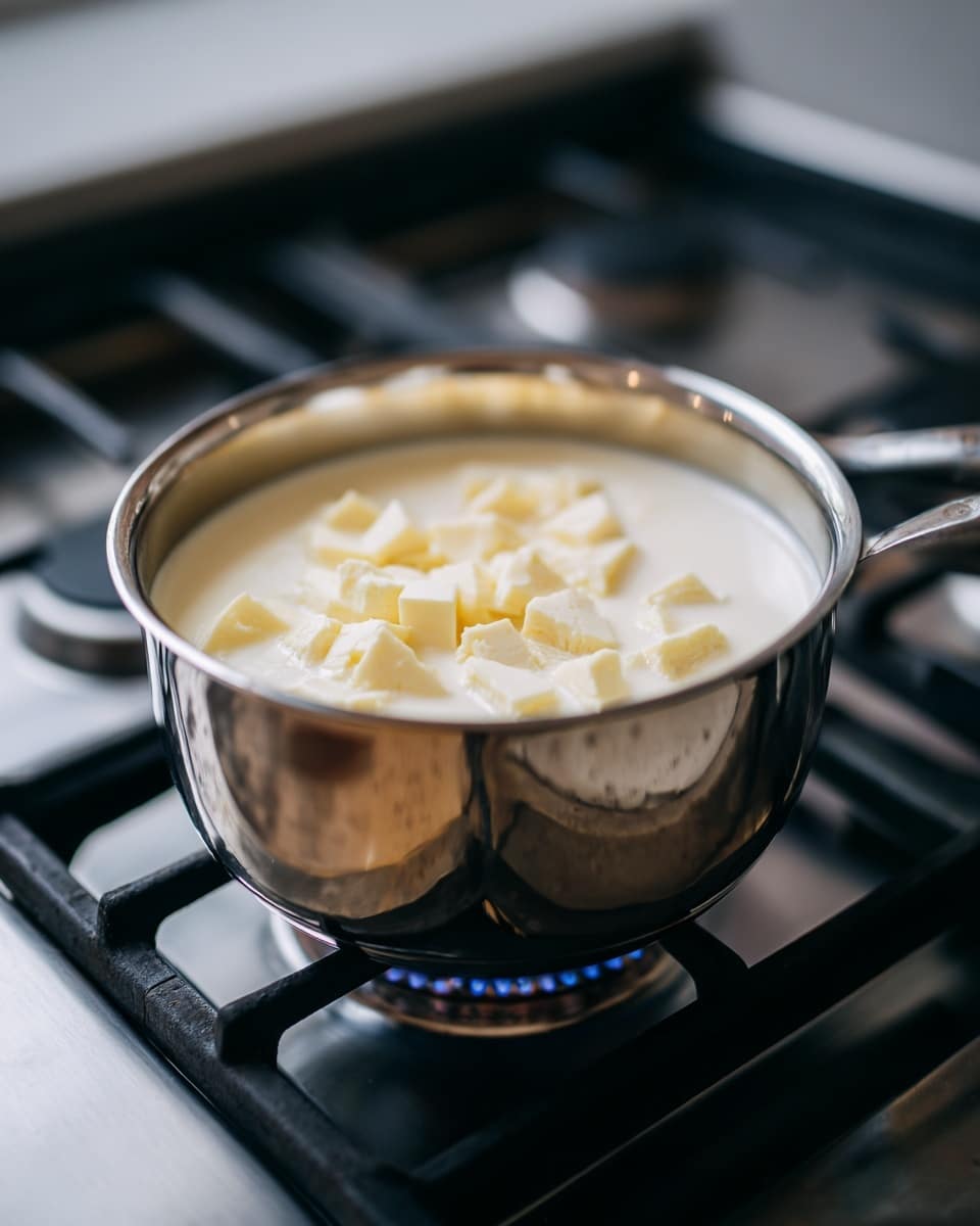 The image shows a shiny metal pot on a stove with black grates, filled with a white liquid and small chunks of pale yellow solid pieces floating on top. The pot is placed on a black gas burner and looks like it is in the early stage of heating the contents. The background features a blurred, light-to-dark gradient, and the scene is sharp and well-lit, focusing on the pot and its contents. photo taken with an iphone --ar 4:5 --v 7