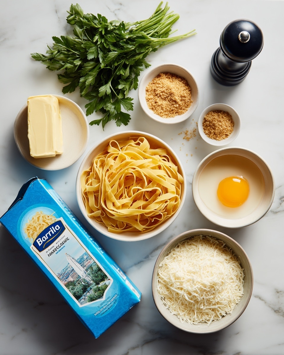 The image shows several cooking ingredients arranged on a white marbled surface. In the center, there is a blue box of Barilla fettuccine pasta lying horizontally. To the left of the box is a light yellow stick of salted butter, and above it is a bunch of fresh green parsley. Above the pasta box is a small white bowl with brown breadcrumbs, and to the right of it is another small white bowl holding a raw egg yolk. Further to the right, there is a white bowl filled with grated cheese. In the top right corner, there is a red carton of heavy whipping cream. Near the center, there is a black pepper grinder standing upright. photo taken with an iphone --ar 4:5 --v 7