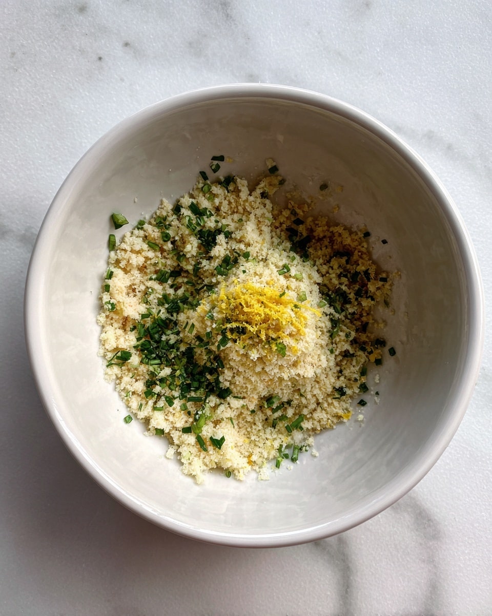 A white bowl sits on a white marbled surface, filled with a single layer of finely grated light beige crumbs. On top of the crumbs are scattered bits of bright green chopped herbs. At the center, there is a small mound of finely grated yellow zest, adding a pop of color above the other ingredients. photo taken with an iphone --ar 4:5 --v 7