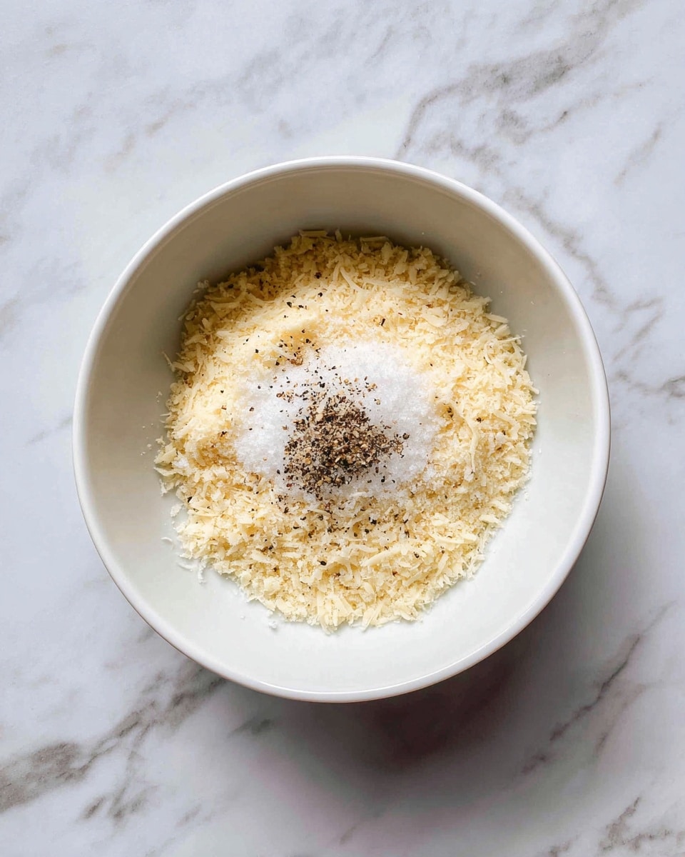 A white bowl filled with finely grated beige cheese that forms the base layer, topped with a small pile of coarse white salt and a sprinkle of cracked black pepper in the center, all placed on a white marbled surface. photo taken with an iphone --ar 4:5 --v 7