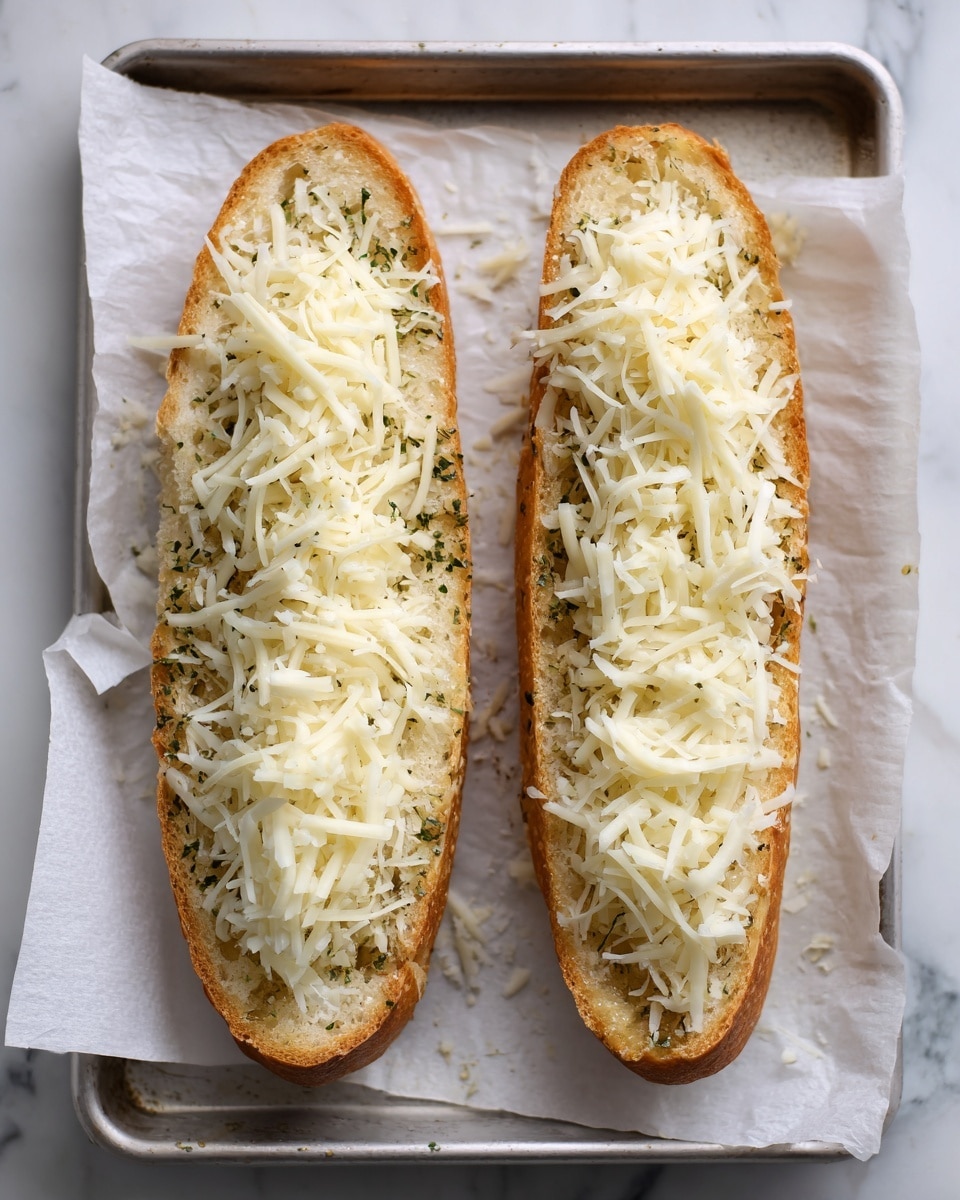 Two long pieces of toasted bread lie side by side on a baking tray lined with white parchment paper, placed over a white marbled surface. Each bread piece is hollowed out slightly to hold layers, starting with a golden crust base, lightly coated with visible specks of green herbs and garlic butter, then covered with a thick, uneven layer of shredded white cheese, which is rich and soft in texture. The cheese strands are loosely spread, giving a fluffy, slightly melted look on top. photo taken with an iphone --ar 4:5 --v 7