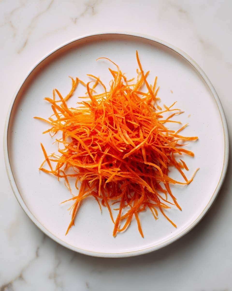 A small pile of thin, shredded orange carrots sits at the center of a large, plain white plate, with the carrot strands spread out loosely showing their fine, stick-like texture. The plate rests on a white marbled surface, giving a clean and fresh look to the image. Photo taken with an iphone --ar 4:5 --v 7