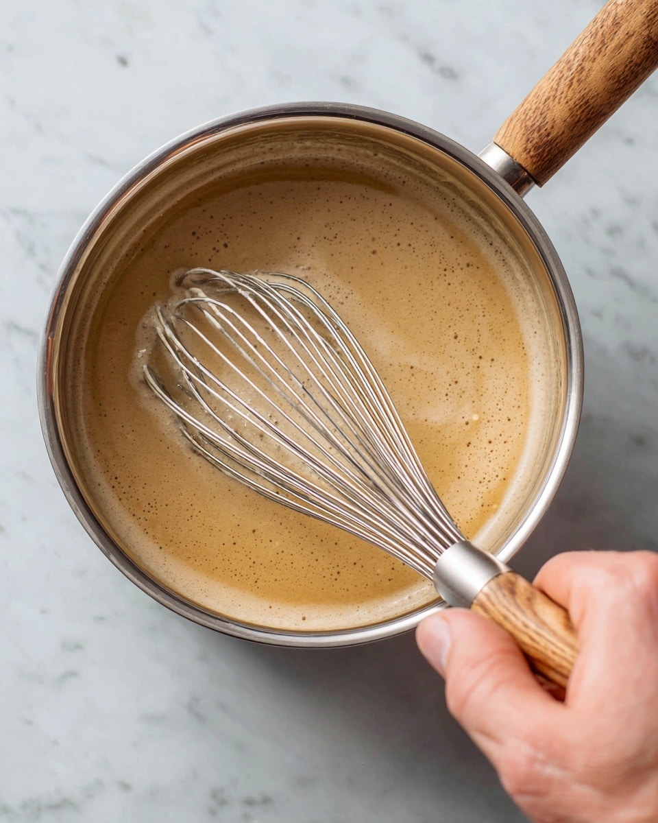 A close-up of a shiny metal pot containing a light brown mixture with some specks, being whisked by a woman's hand holding a silver whisk with a wooden handle, all placed on a white marbled surface visible at the edges. The mixture has a smooth, slightly frothy texture with some small lumps. Photo taken with an iphone --ar 4:5 --v 7