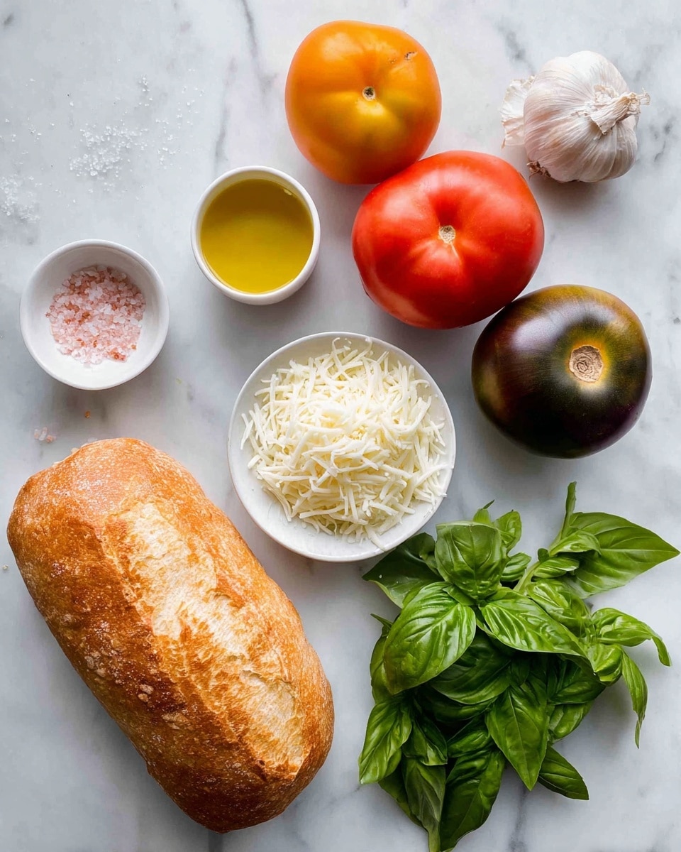 The image shows ingredients for a fresh tomato dish laid out on a white marbled surface. There are four whole tomatoes in red, yellow-orange, and dark purple-green colors, placed on the upper right side. To the right of the tomatoes, there is a whole head of garlic. Below the tomatoes, a bunch of bright green basil leaves is spread out. In the middle, a small white bowl is filled with shredded white cheese, and next to it, another small white bowl holds yellow olive oil. On the left side, there is a loaf of crusty bread with a pale golden brown crust. Near the top left corner, a small white cup contains pink salt. All items are neatly arranged and well-lit, showing clear textures and colors photo taken with an iphone --ar 4:5 --v 7