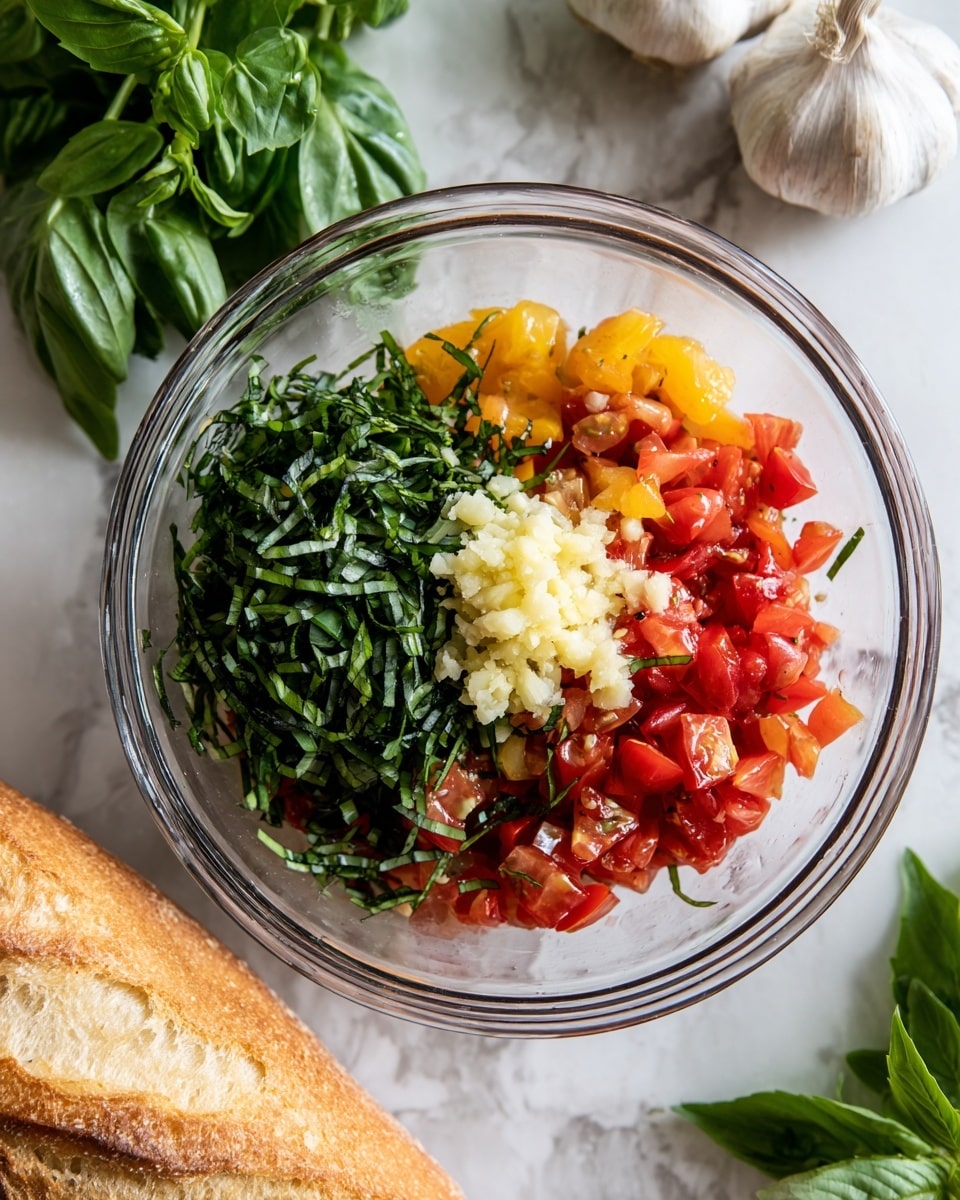 In a clear glass bowl, chopped tomatoes of red, orange, and yellow colors form the base layer with a juicy and slightly shiny texture, topped with a small pile of minced garlic that is pale and slightly wet. On top, there is a layer of fresh, bright green basil leaves finely sliced into thin strips, adding a leafy texture. The bowl sits on a white marbled surface, with a crusty bread loaf visible to the side and some fresh basil leaves and garlic bulbs scattered nearby, creating a fresh, natural look. Photo taken with an iphone --ar 4:5 --v 7