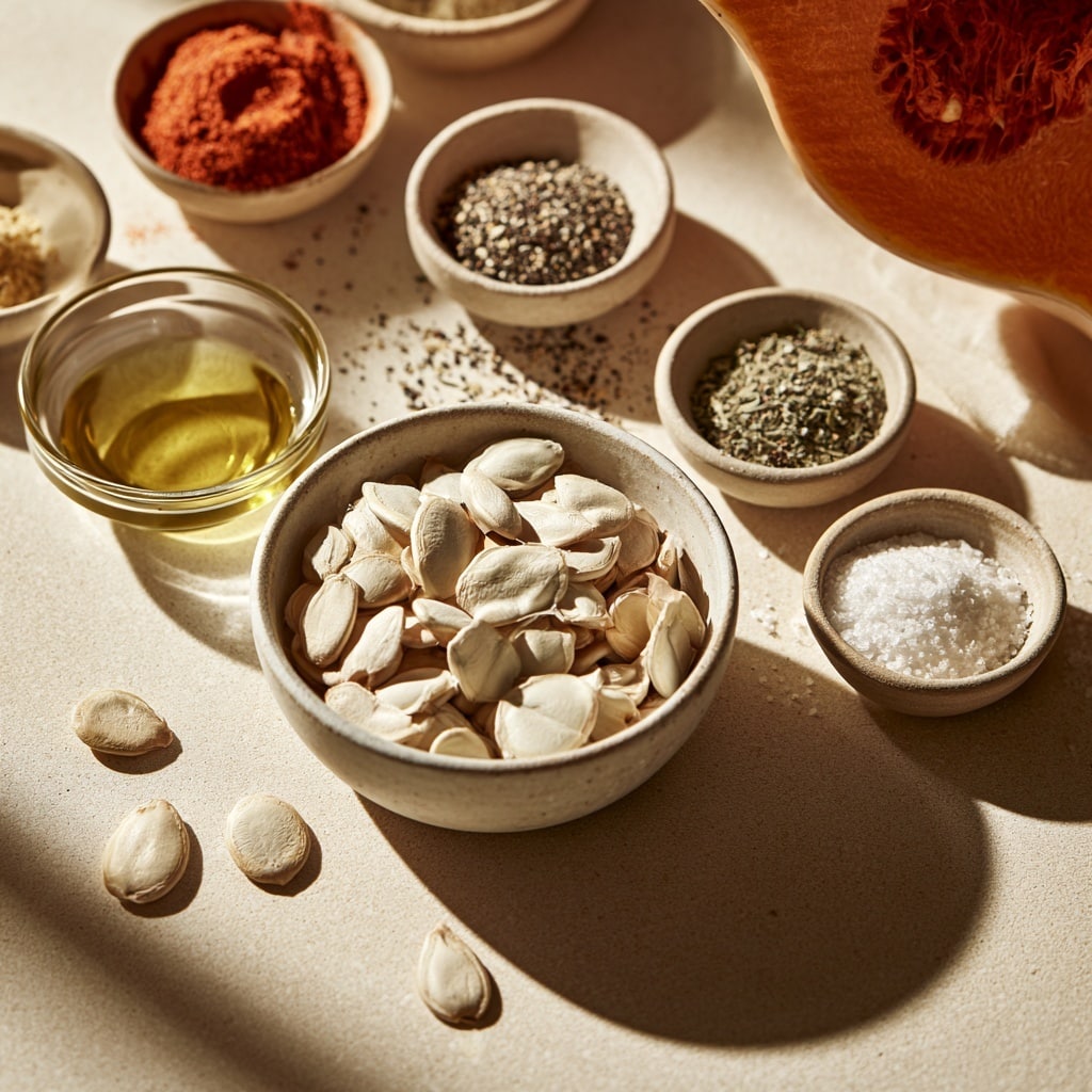 A white square bowl holds a single layer of pumpkin seeds mixed with bits of bright orange pumpkin flesh scattered unevenly on top and throughout. The seeds are light tan with a slight sheen and vary slightly in size and shape, creating a textured look. The bowl sits on a white marbled surface with a soft natural light highlighting the details of the seeds and pumpkin pieces. photo taken with an iphone --ar 4:5 --v 7