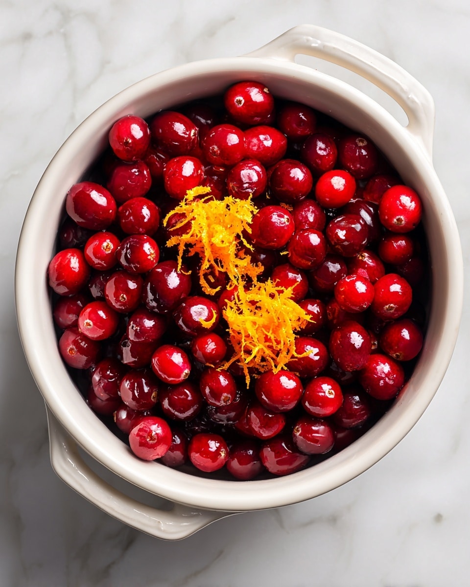 A white pot with two handles filled with fresh, vibrant red cranberries and topped with bright orange zest sitting on a white marbled surface; the cranberries are round and glossy, densely packed inside the pot, while the orange zest is finely grated and placed in two small piles on top in the center. photo taken with an iphone --ar 4:5 --v 7