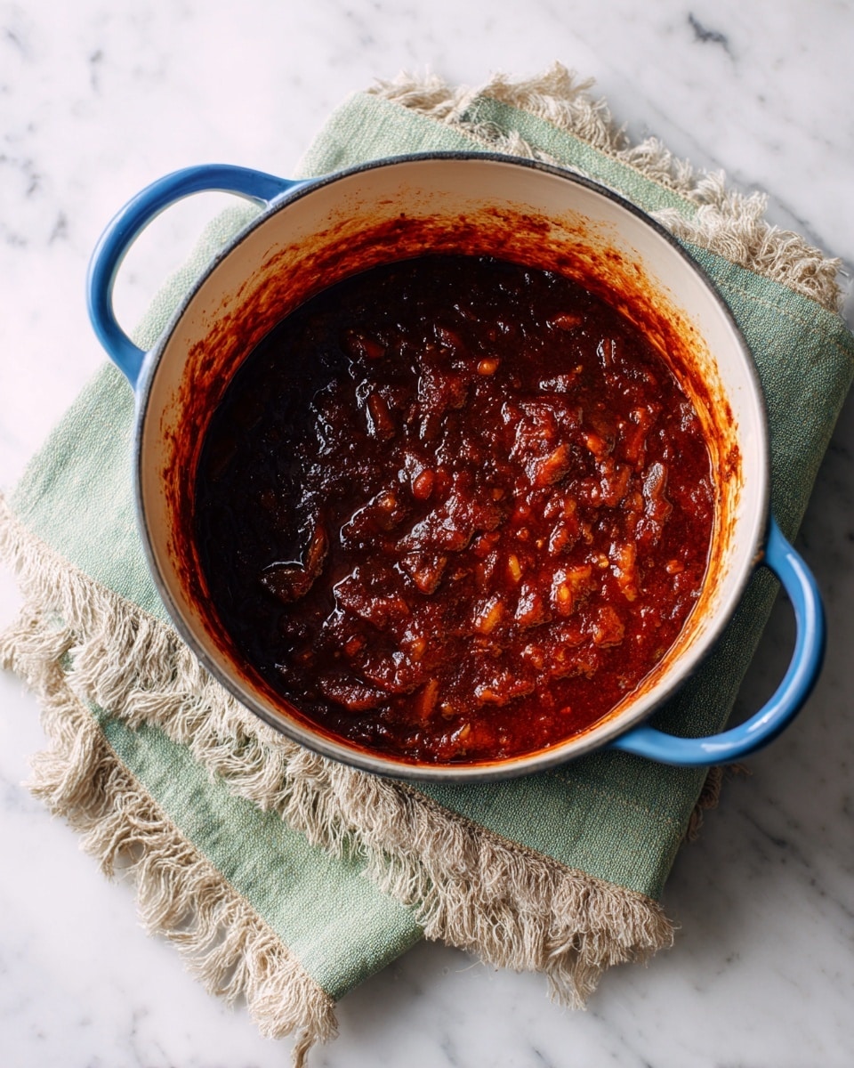 A blue cooking pot filled with a thick, dark red sauce with visible chunks of fruit, showing a slightly glossy texture. The sauce coats the inside sides of the pot, leaving red streaks around the upper interior. The pot sits on two layered, frayed-edge cloth napkins in muted green and beige hues on a white marbled surface. Photo taken with an iphone --ar 4:5 --v 7