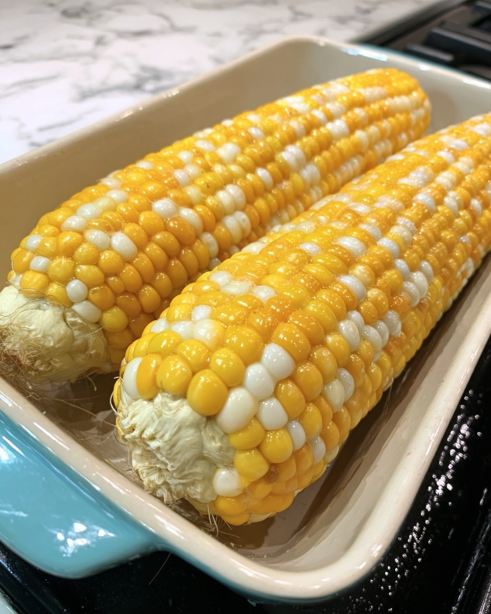 Two ears of corn with yellow and white kernels lie side by side in a white pan with a light blue outer edge. The corn shows a shiny, slightly wet texture with some corn silk strands visible. The pan is on a black stove, and the background has a white marbled surface. photo taken with an iphone --ar 4:5 --v 7