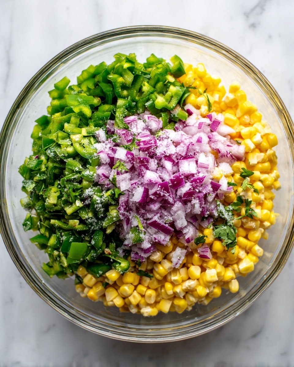 A clear glass bowl sits on a white marbled surface, filled with three main layers of diced ingredients. The bottom layer is made up of small yellow corn kernels, forming a thick base with a smooth, rounded texture. Above the corn, there are finely chopped green bell peppers scattered unevenly, showing varied green shades and a slightly crisp texture. On top, chopped red onions add a pop of deep purple with small white bits, mixed with bright green leafy herbs, all lightly frosted as if frozen. The bowl is viewed from directly above, showing a colorful, fresh mix of vegetables. photo taken with an iphone --ar 4:5 --v 7