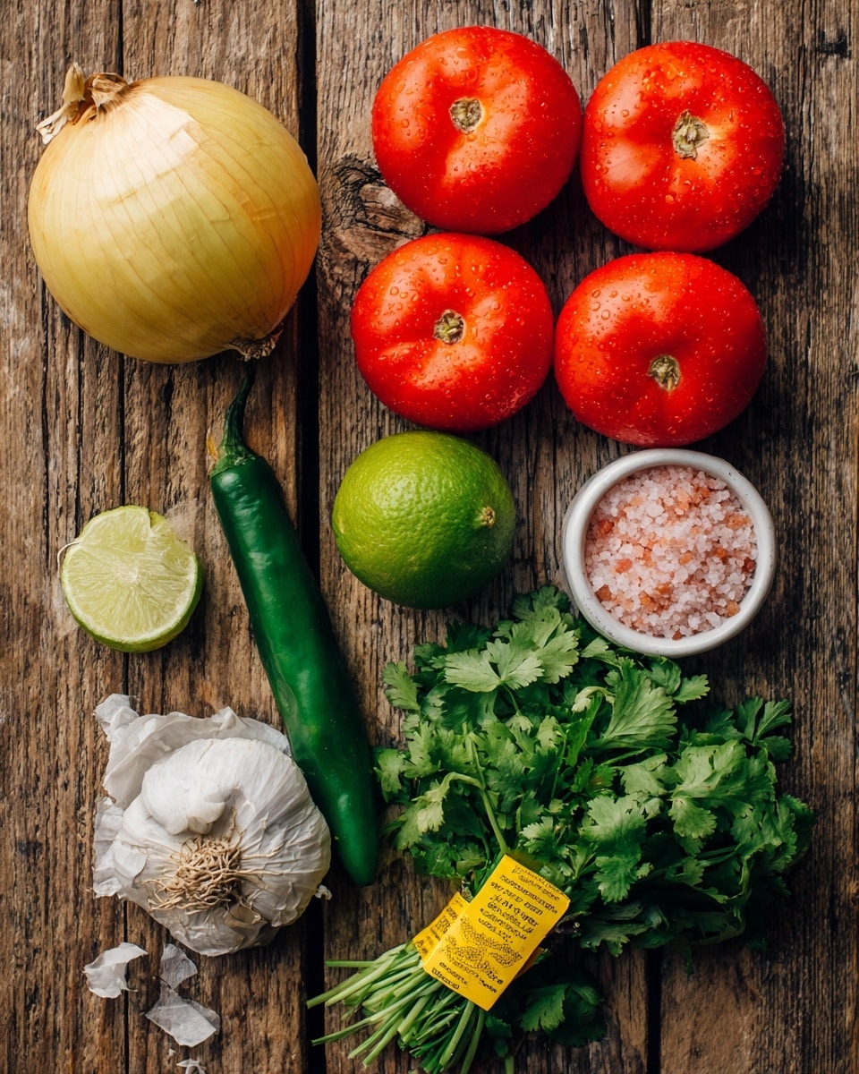 The image shows a wooden surface with fresh ingredients neatly arranged: a yellow onion on the left, four red tomatoes in two rows in the middle, a lime below the tomatoes, a whole garlic bulb next to the lime, a green chili pepper beside the garlic, a bunch of fresh cilantro tied with a yellow label on the right, and a small white container filled with pink salt near the onion. The colors are bright and natural, with the red, green, and white items standing out clearly against the wooden background. photo taken with an iphone --ar 4:5 --v 7