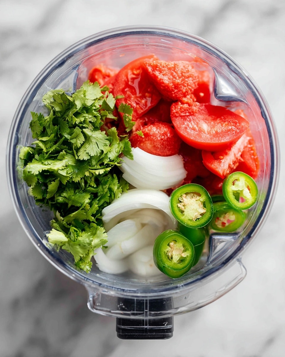 The image shows a clear blender cup filled with four main ingredients. At the top left, there are big pieces of red tomato with a smooth and shiny texture. To the right of the tomatoes, there are two white, curved pieces of onion with a firm and slightly translucent look. At the bottom left, fresh green cilantro leaves with a slightly wet and leafy texture fill the space. On the bottom right, three round slices of bright green jalapeño peppers with visible seeds are placed. The blender blade is visible in the center under the ingredients, and the whole setup is on a white marbled surface. Photo taken with an iphone --ar 4:5 --v 7