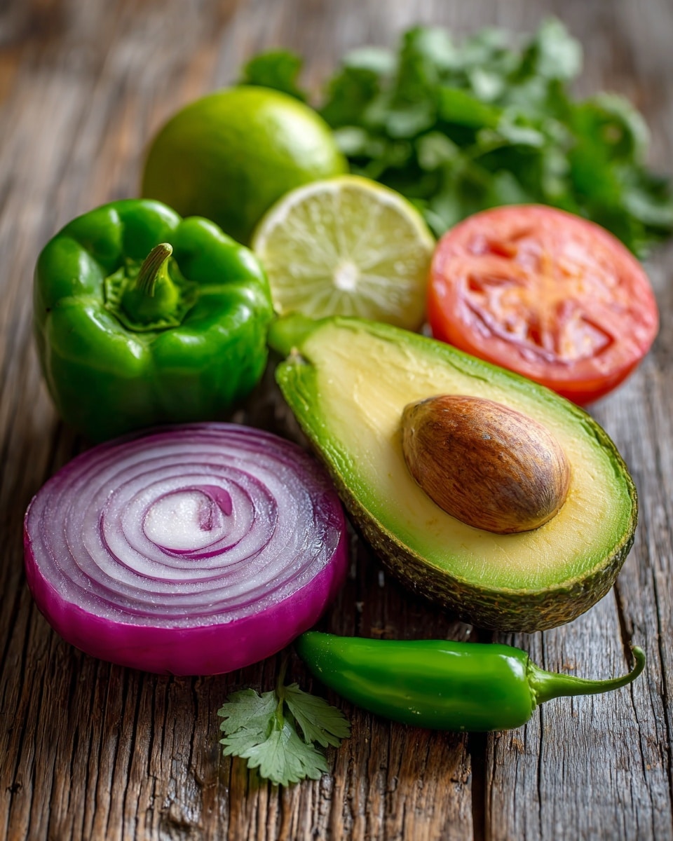 The image shows fresh ingredients on a wooden surface: a lime cut in half with a light green inside, a green bell pepper cut in half showing its smooth inner flesh, a small whole green jalapeño pepper, a thick slice of red onion with purple and white rings, a red tomato cut in half with visible seeds, two avocado halves one with a large brown seed and the other empty with bright green soft flesh, and a bunch of fresh green cilantro leaves with stems. photo taken with an iphone --ar 4:5 --v 7