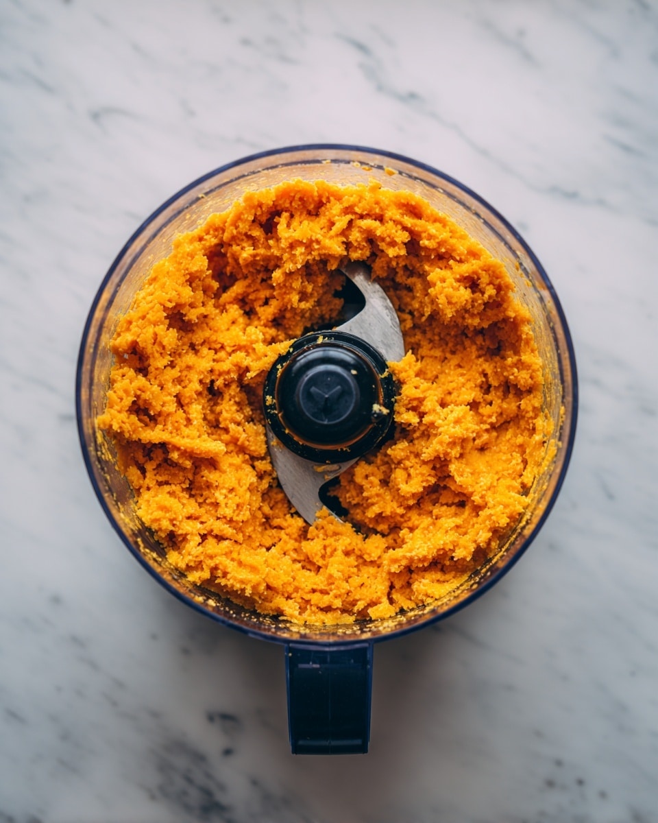 The image shows a top view of a food processor containing a single layer of bright orange mashed mixture, which has a slightly coarse and moist texture. The mix is spread evenly around the sharp black and silver blade inside the transparent container. The base of the food processor is dark-colored, and the surface underneath has a white marbled texture. Photo taken with an iphone --ar 4:5 --v 7
