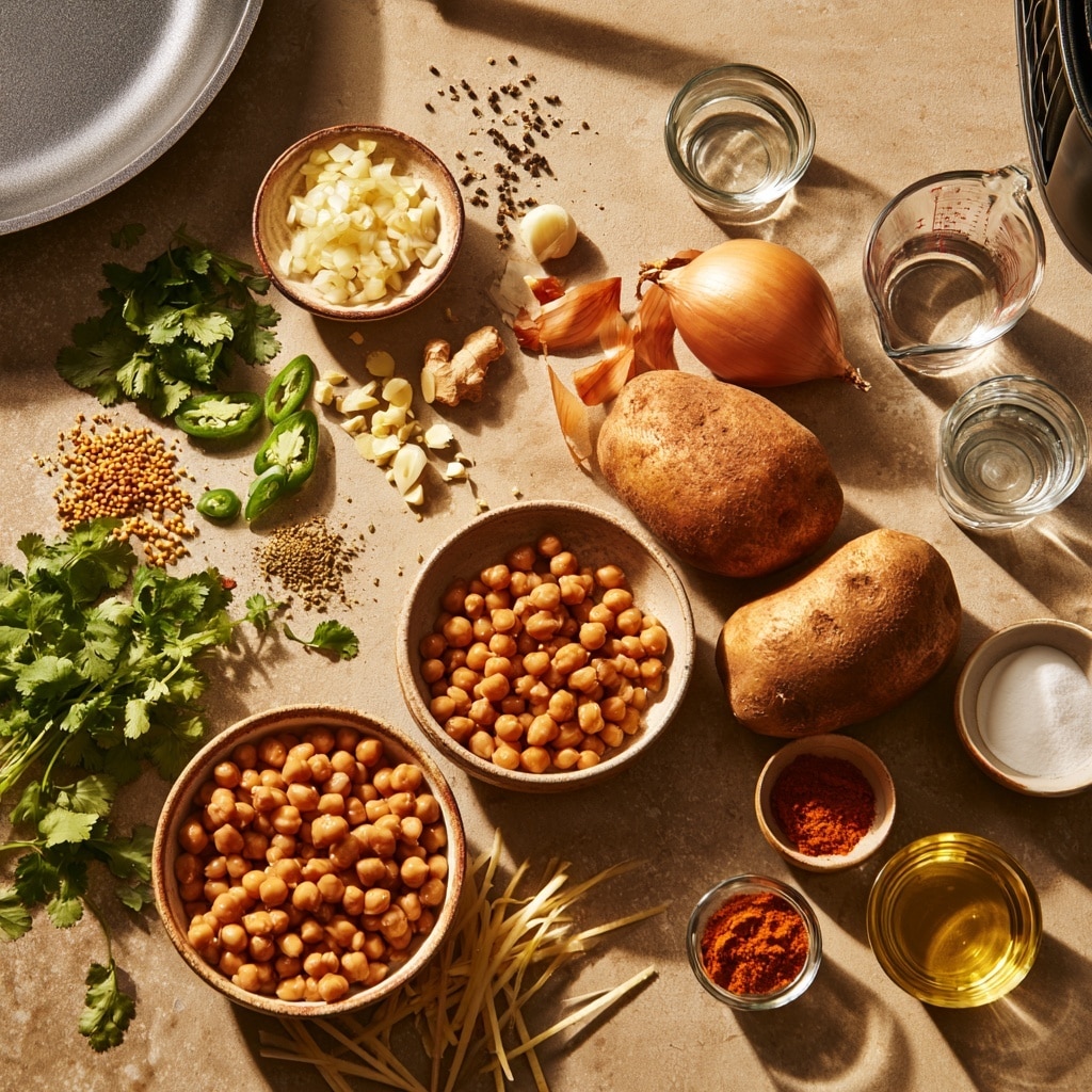 The image shows two items on a white marbled surface: on the top is a white plate filled with golden-yellow fries that have a slightly crispy texture and some green herb sprinkles on top, while below is a white frying pan filled with cooked chickpeas coated in spices and herbs, creating a warm orange-brown layer with small bits of green for garnish, and the pan handle is visible extending outwards, next to a folded purple cloth. photo taken with an iphone --ar 4:5 --v 7