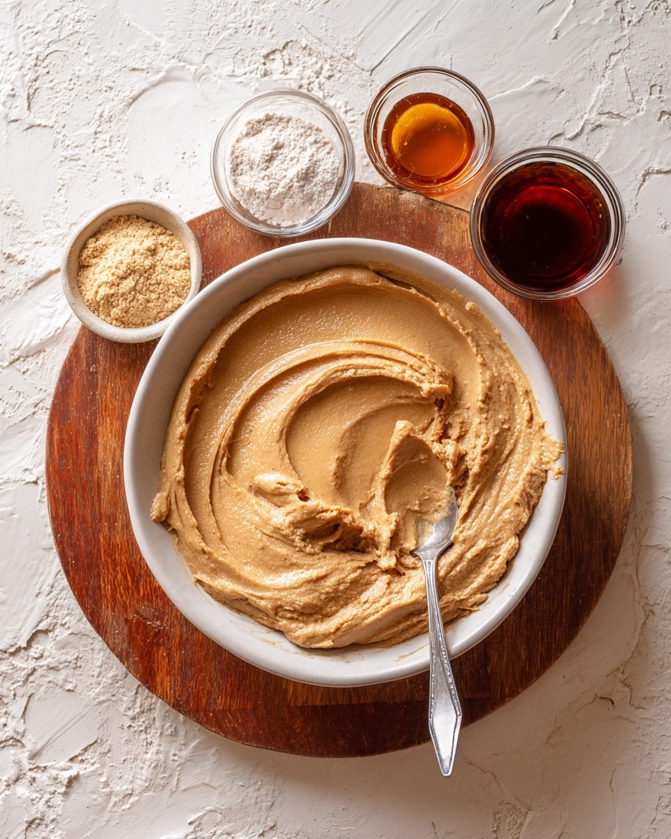 A large white bowl sits on a wooden board with a thick scoop of light brown peanut butter spread inside it. On the right side of the bowl, a silver spoon with peanut butter on it rests inside. Around the bowl, there are small clear glass bowls containing light brown flour and dark amber syrup. The background features a white marbled texture. Photo taken with an iphone --ar 4:5 --v 7