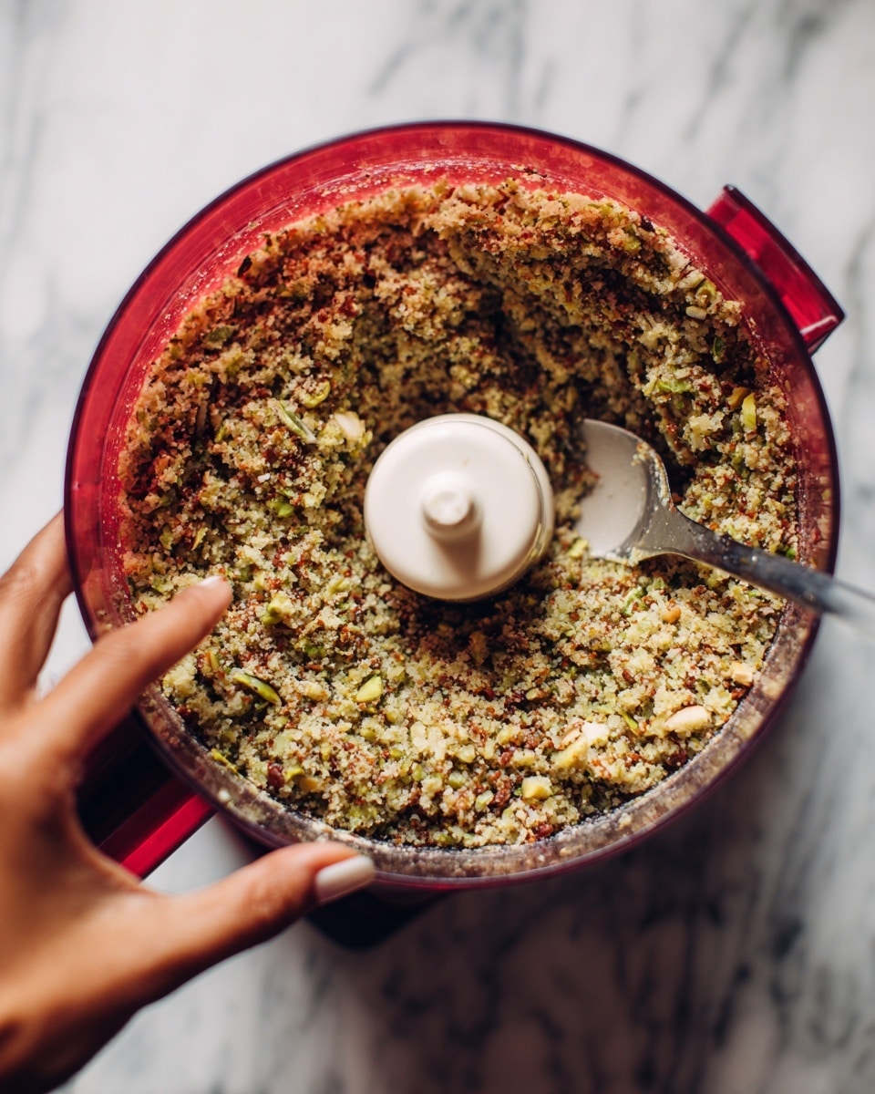 The image shows a close-up view of a red food processor with a clear plastic bowl containing a mixture of finely chopped green and brown ingredients, giving it a coarse texture with small bits visible. The mixture mostly surrounds the central white blade attachment, and there is a spoon partially inserted into the mixture on one side. A woman's hand is lightly resting in the background but not touching the processor. The food processor is placed on a white marbled surface. photo taken with an iphone --ar 4:5 --v 7