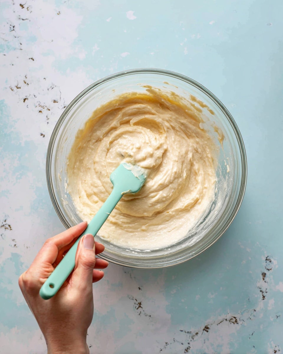 A clear glass bowl filled with a creamy, light beige mixture that has small visible lumps, being stirred by a mint green spatula held by a woman's hand on the left side; the bowl is placed on a white marbled surface with grey and dark speckles, with a soft blue background behind it. photo taken with an iphone --ar 4:5 --v 7
