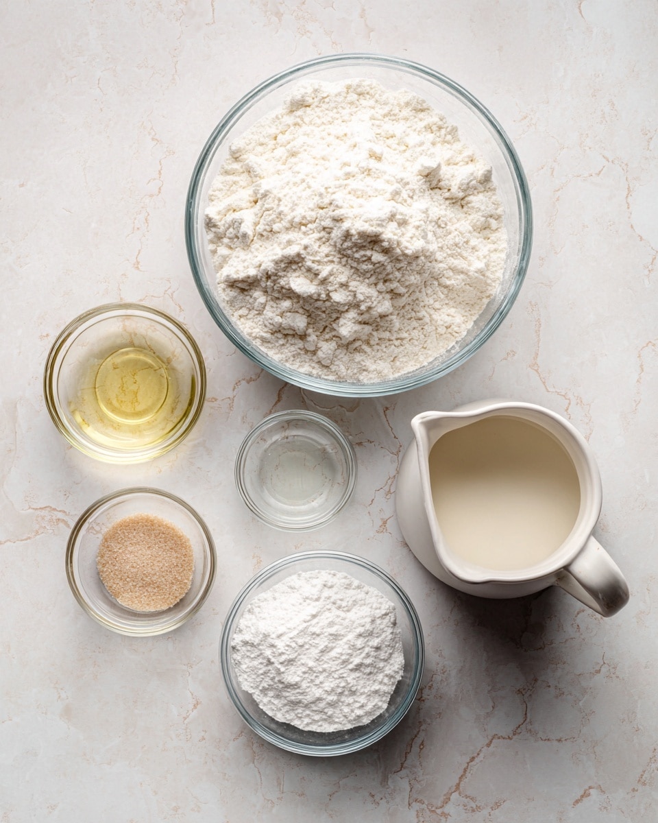The image shows five containers on a white marbled surface, each holding different baking ingredients. In the center, there is a large clear glass bowl filled with white flour that has a soft, powdery texture and is piled high. To the left, a smaller clear glass bowl contains light brown sugar with a slightly grainy texture. Below it, another small clear glass bowl holds a clear, light yellow liquid that looks like oil. To the right of the flour bowl, a slightly bigger small clear glass bowl contains white powder, likely baking powder or baking soda. Finally, on the far right, there is a white ceramic creamer jug filled with a light beige liquid, possibly milk or cream. The containers are placed evenly spaced and the overall color palette is soft and neutral. Photo taken with an iphone --ar 4:5 --v 7