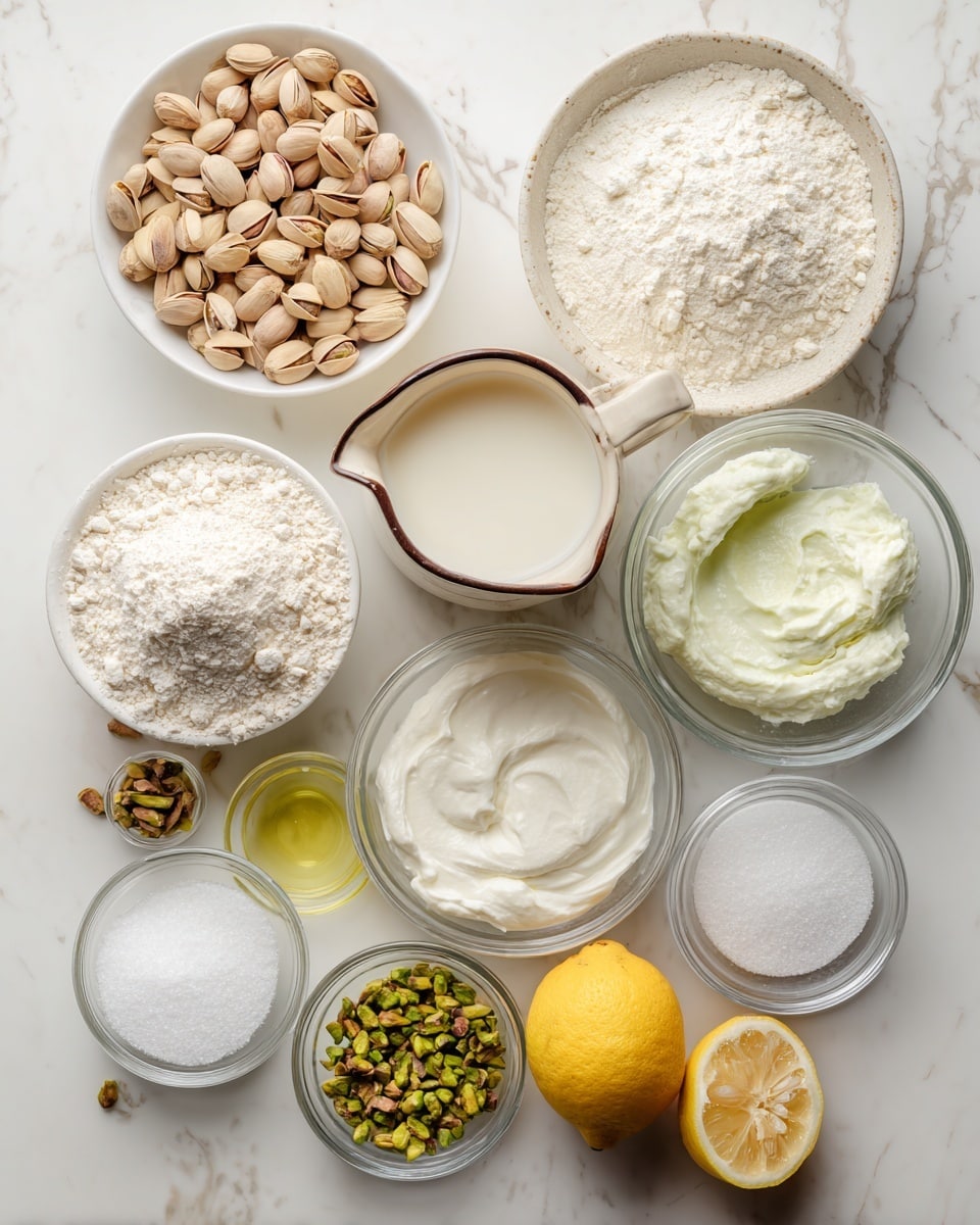 The image shows various small bowls and containers arranged on a white marbled surface, each filled with different baking ingredients. There are whole pistachio nuts in a white bowl on the left, a clear bowl with white flour, a beige jug with milk, and another clear bowl with a white creamy ingredient. Other clear bowls hold granulated sugar, a white powdery ingredient, and a thick white cream. A small white bowl contains granulated sugar, and another small white bowl has coconut oil and a lemon wedge. The overall color palette includes whites, light beige, and earthy green from the pistachios, all placed neatly with good lighting. Photo taken with an iphone --ar 4:5 --v 7