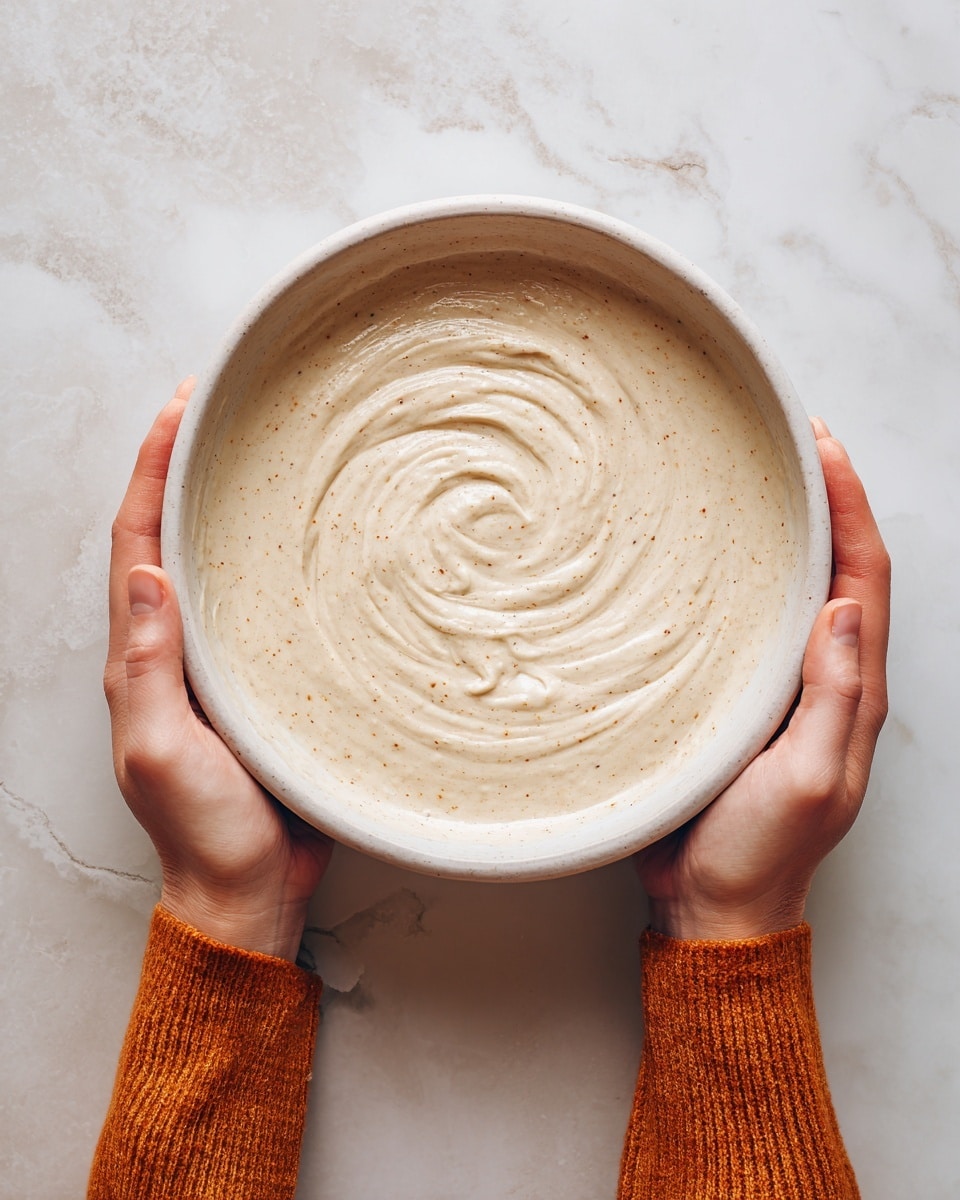 A white bowl filled with light beige batter that has small darker specks throughout, appearing smooth with swirled texture on top, held by two woman's hands wearing an orange long-sleeve shirt, resting on a white marbled surface. photo taken with an iphone --ar 4:5 --v 7