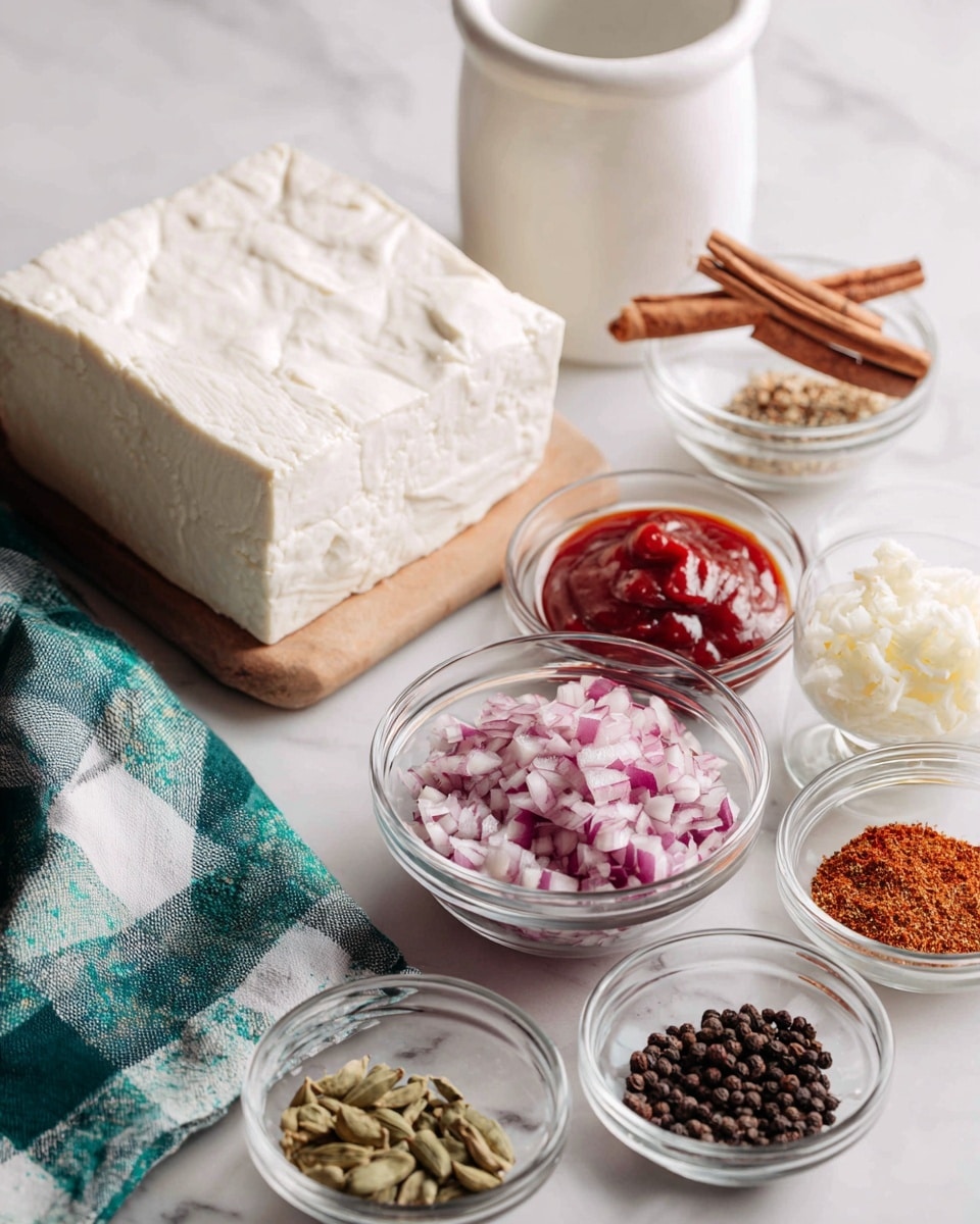 The image shows a large block of tofu resting on a white and teal checkered cloth on the left side of a white marbled surface. In the middle, there is a clear glass bowl filled with finely chopped red onions. Surrounding it are smaller clear glass bowls arranged loosely in a semi-circle; one bowl contains a vibrant red sauce, another finely chopped garlic, and the rest hold various spices including a cinnamon stick with cardamom pods, ground red chili powder, black peppercorns with coriander seeds, and mixed powdered spices. Behind the bowls, a white spice container is visible. photo taken with an iphone --ar 4:5 --v 7