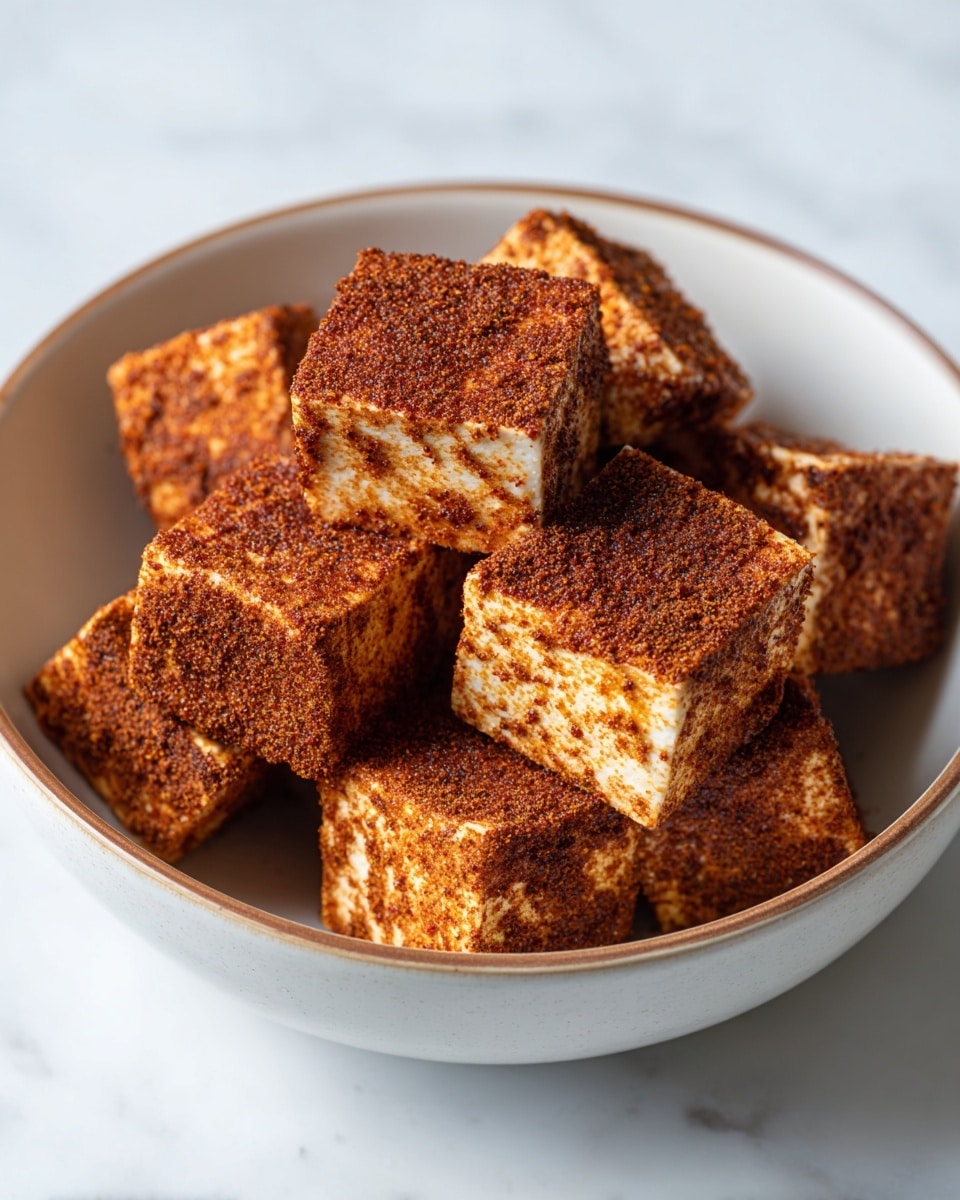 The image shows a white bowl filled with about twelve square pieces of tofu, each coated generously with a layer of reddish-brown spices on top and sides, giving them a textured, powdery look. The tofu cubes are stacked unevenly inside the bowl, with some pieces lying flat and others leaning on each other, creating depth. The inside of the bowl has a smooth, clean white surface with a thin brown rim around the edge. The bowl sits on a white marbled surface, highlighting the contrast between the bright tofu pieces and the pale background. photo taken with an iphone --ar 4:5 --v 7