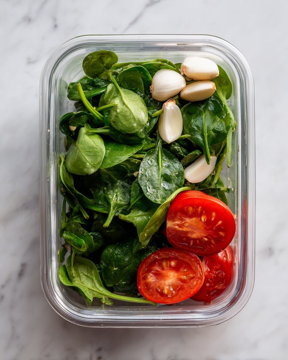 The image shows a clear container with three main layers of ingredients. The bottom layer is dark green spinach leaves with a soft texture, filling most of the container. On top of the greens, there are a few white clove pieces of garlic, smooth and small. Near the front right side of the container, there are two bright red halves of a tomato with smooth, shiny skin and visible seeds inside. The container is placed on a white marbled surface. Photo taken with an iphone --ar 4:5 --v 7