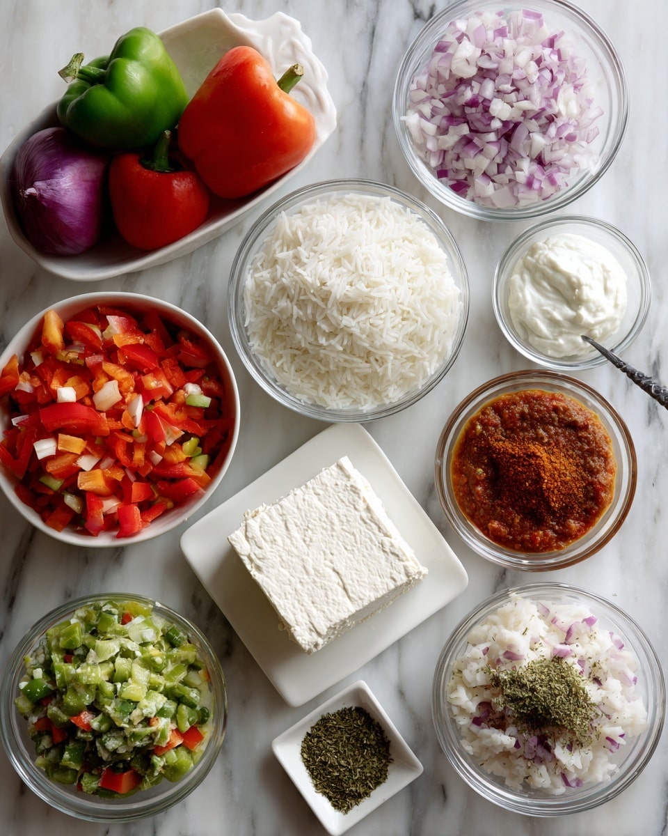 The image shows various ingredients arranged on a white marbled surface. There is a small white bowl on the left filled with red and green bell peppers and a slice of purple onion. Next to it are glass bowls containing plain white yogurt, minced garlic and ginger, red sauce, white rice, mixed diced vegetables, and several ground spices mixed together. In the center, on a small white square plate, a block of white tofu is placed. A small white dish holds dried green herbs. The ingredients are neatly set in a loose semicircle, all on the white marbled surface. Photo taken with an iphone --ar 4:5 --v 7