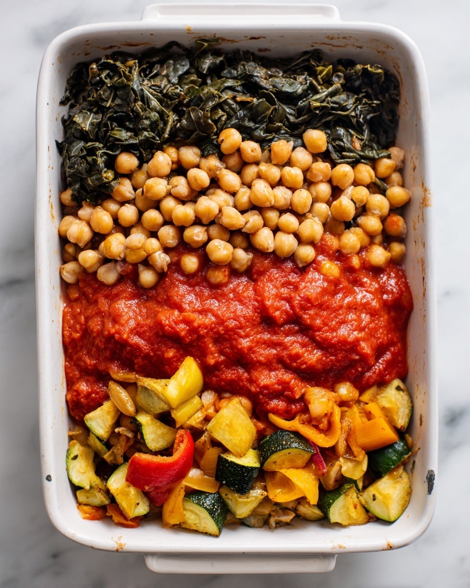 The dish is served in a white rectangular baking dish showing four distinct layers. On the left side, there is a dark green layer of cooked leafy greens with a soft, slightly chunky texture. Next to it and spreading towards the middle, there are light beige chickpeas that are whole and round, piled in a mound with a shiny surface. Near the chickpeas, there is a bright red tomato sauce with a smooth and slightly thick texture, covering some of the base layer. On the far right and partly under the sauce, there are small pieces of cooked vegetables including yellow zucchini and red bell pepper, having a slightly browned and soft texture. The dish is placed on a white marbled surface. Photo taken with an iphone --ar 4:5 --v 7