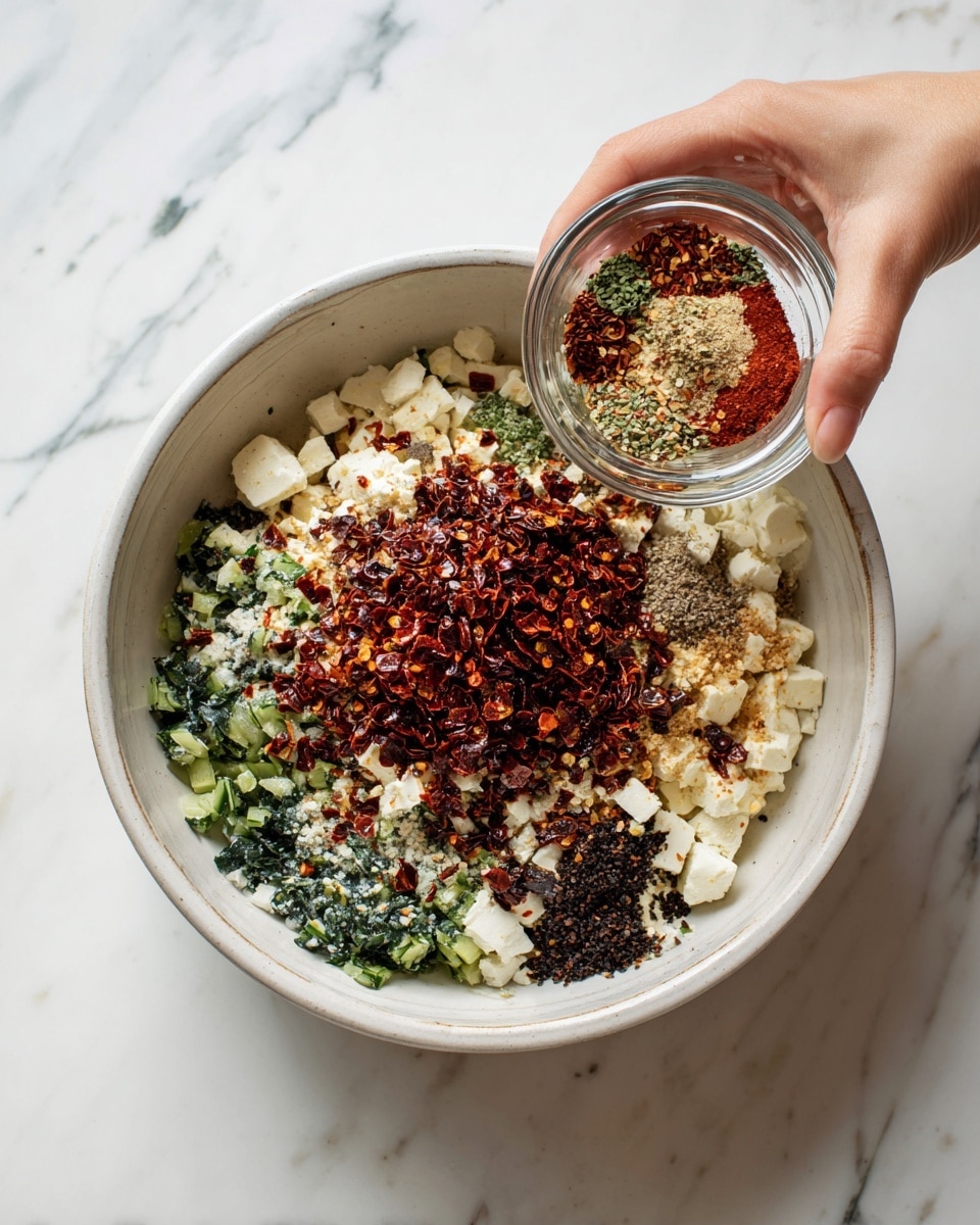 A large white bowl sits on a white marbled surface filled with three distinct layers: the bottom layer is chopped dark green leafy vegetables, the middle layer is creamy white soft cheese pieces, and the top layer is a generous pile of dark reddish-brown dried chili flakes. A woman's hand holds a small clear glass bowl above, showing a mix of colorful dry spices including red flakes, green, beige, and black powders, about to be added to the mix below. Photo taken with an iphone --ar 4:5 --v 7